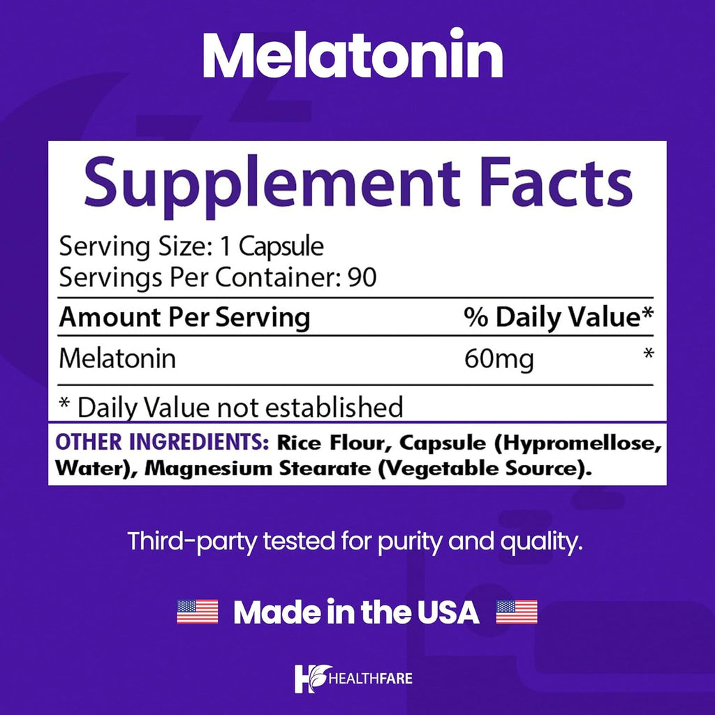 Healthfare Melatonin 60Mg | 90 Veg Capsules | High-Strength Formula | Vegetarian, Non-Gmo, Gluten-Free | Made in the USA