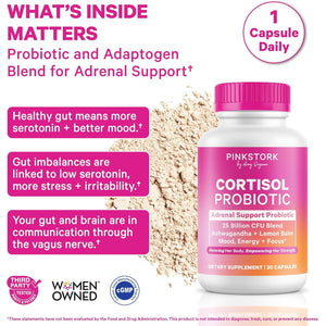 Pink Stork Cortisol Probiotic for Women – Mood and Adrenal Support Supplement – Ashwagandha, Lemon Balm, Chamomile, 25 Billion CFU – Gut Health, Energy, Focus – Lower Cortisol – 30 Capsules