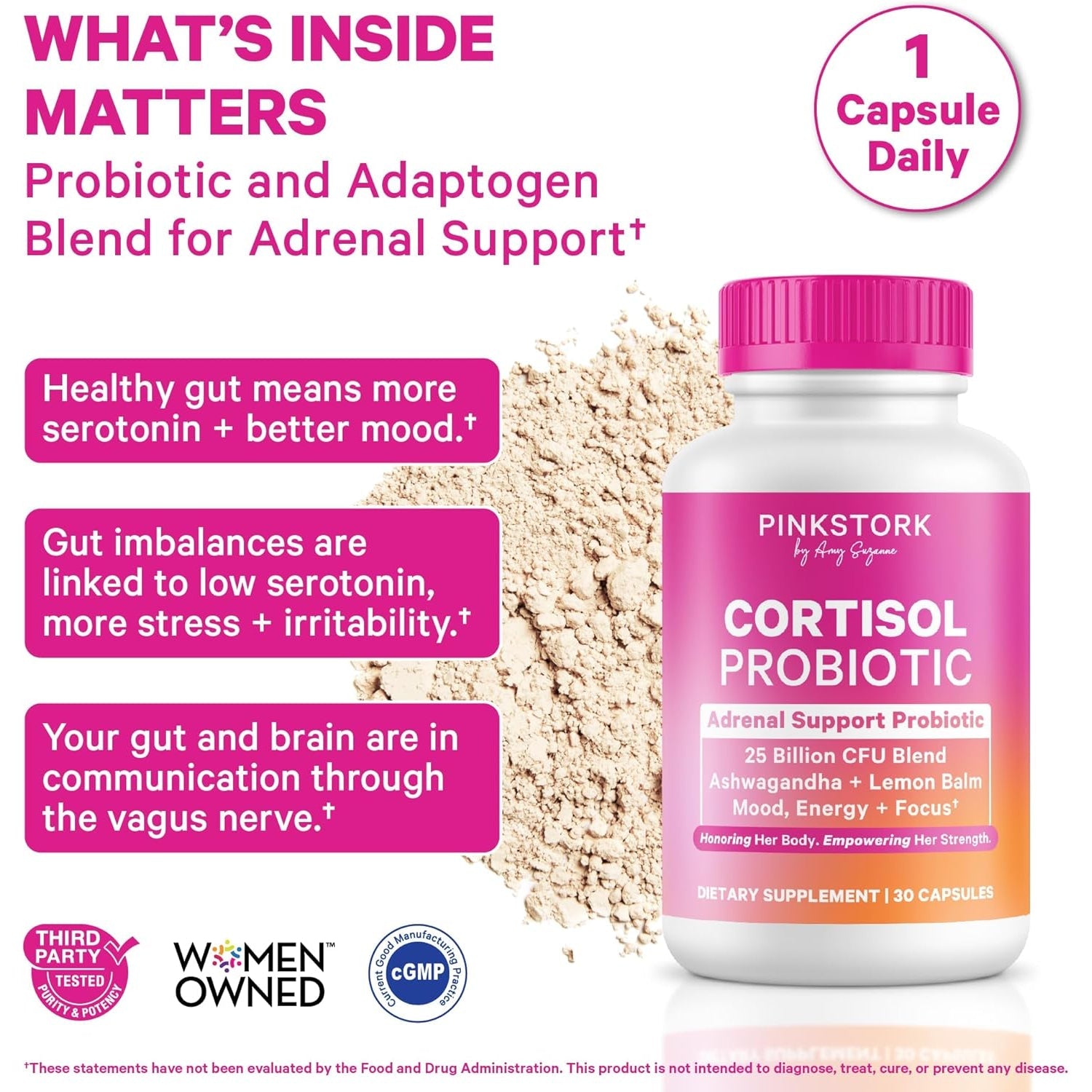 Pink Stork Cortisol Probiotic for Women – Mood and Adrenal Support Supplement – Ashwagandha, Lemon Balm, Chamomile, 25 Billion CFU – Gut Health, Energy, Focus – Lower Cortisol – 30 Capsules