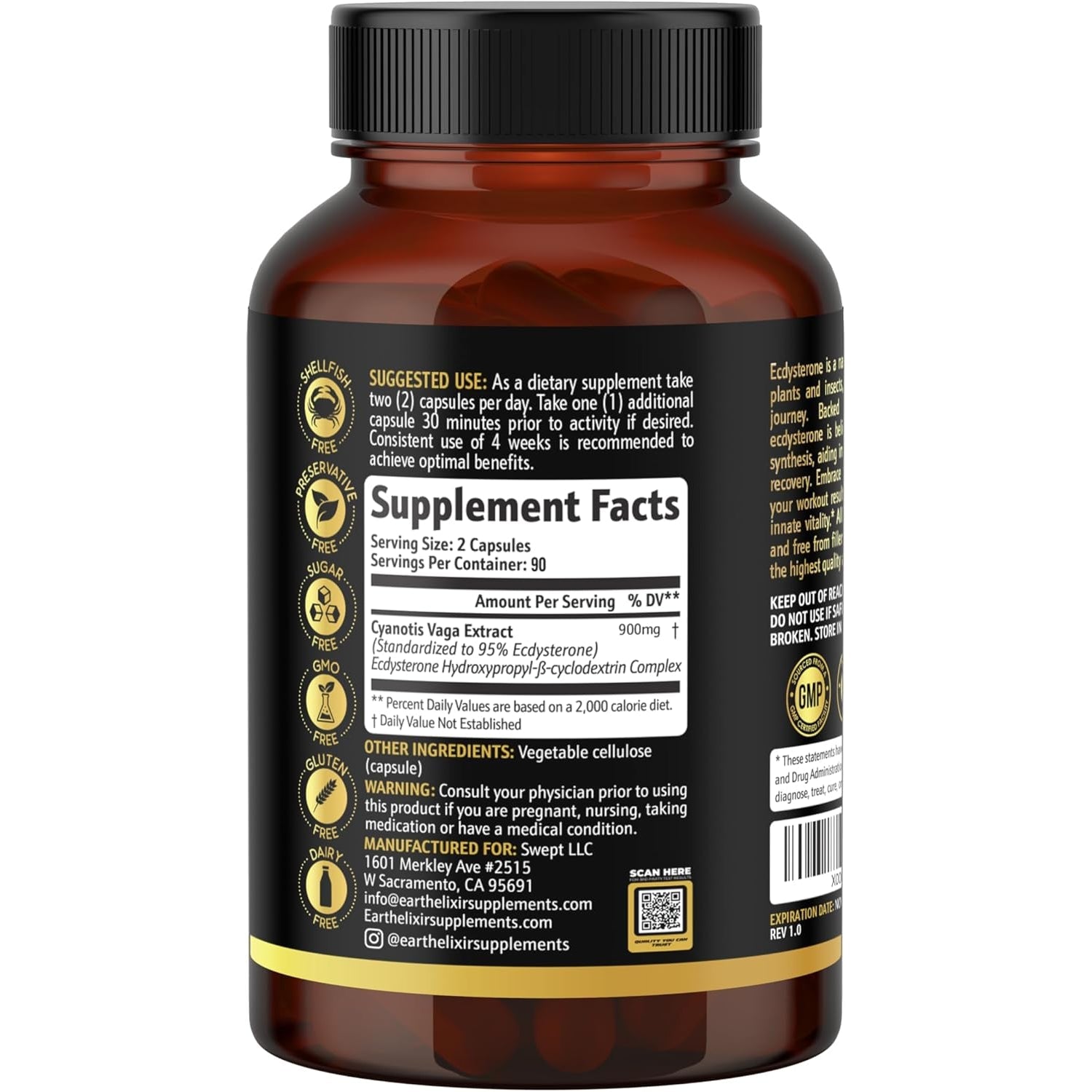 Earth Elixir Ecdysterone Supplements 900Mg (180Capsules) – Made in USA - Muscle Building Supplements for Men W/ 95% Beta Ecdysterone W/Hydroxypropyl-Β-Cyclodextrin for Enhanced Bioavailability