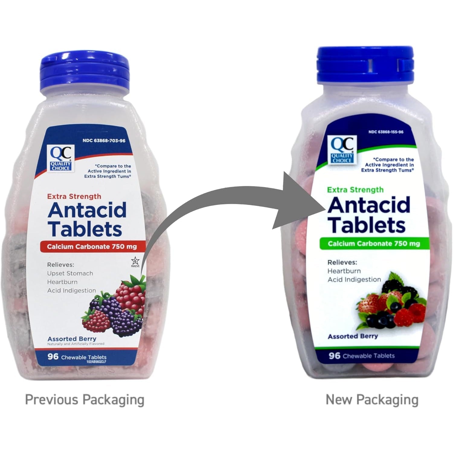 Quality Choice Extra Strength Antacid Tablets, Calcium Carbonate 750 Mg, Assorted Berry, 96 Chewable Tablets (Pack of 2)