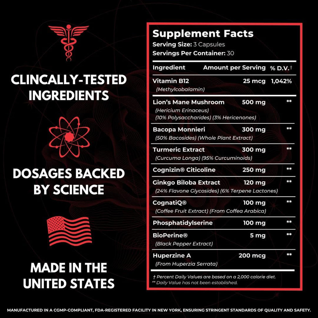 All-Natural Brain Supplement for Memory and Focus - Caffeine-Free Long-Term Cognitive Support - 10 Nootropic Ingredients Including Lion’S Mane, Bacopa, Turmeric, Ginkgo & Huperzine a - 90 Capsules
