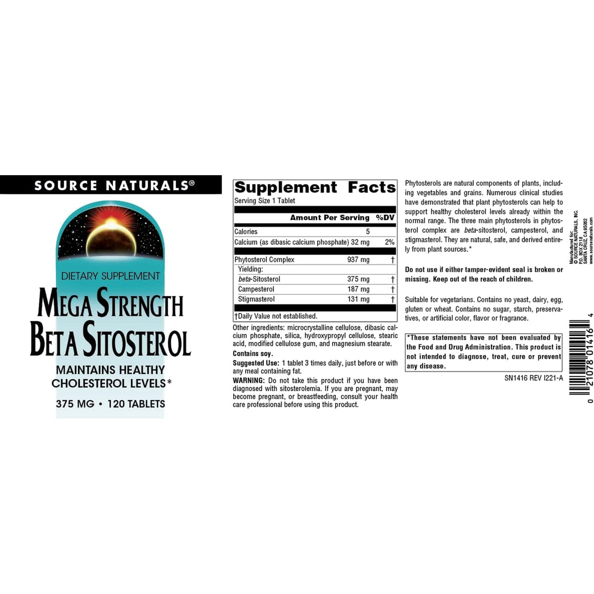 Source Naturals Mega Strength Beta Sitosterol 375Mg - 120 Tablets
