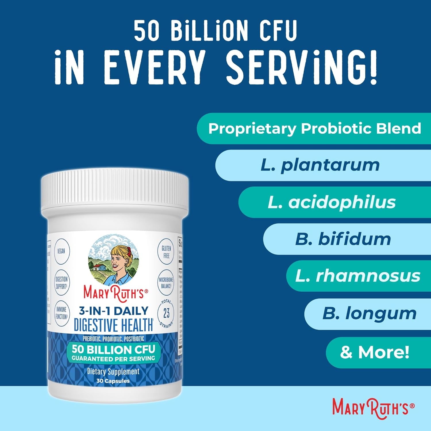 MARYRUTH'S 3-In-1 Probiotics for Digestive Health | Prebiotic & Postbiotic | Gut Health Supplement for Women & Men | 23 Unique Strains | Immune Support | 50 Billion CFU | 30 Servings