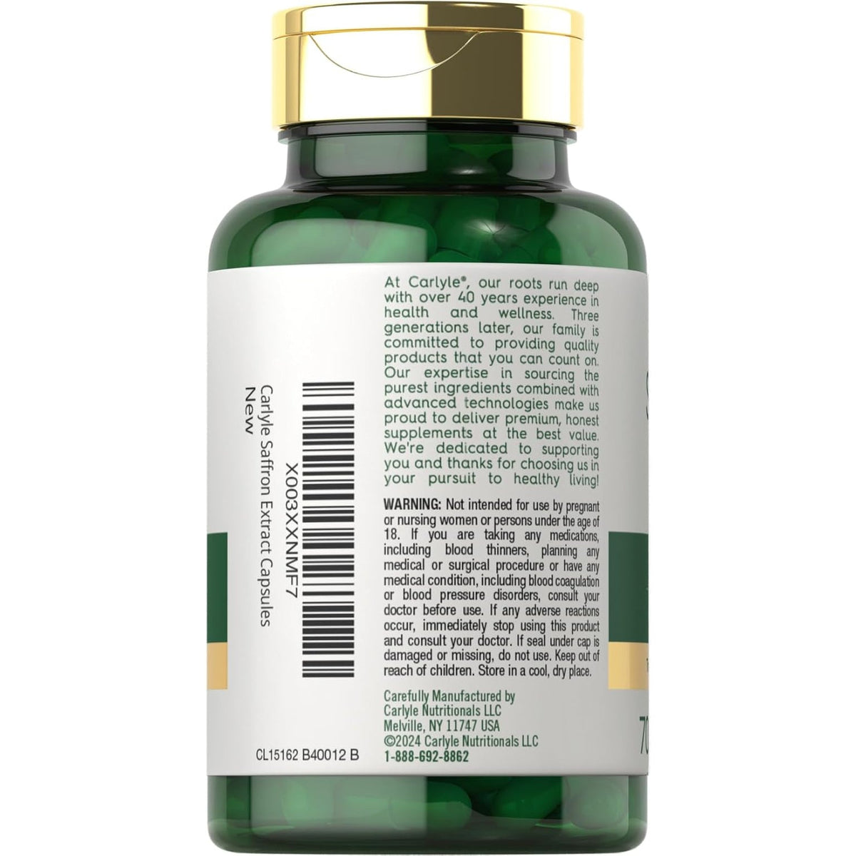 Carlyle Saffron Extract Supplement | 70 Capsules | Pills for Adults | Non-Gmo & Gluten Free