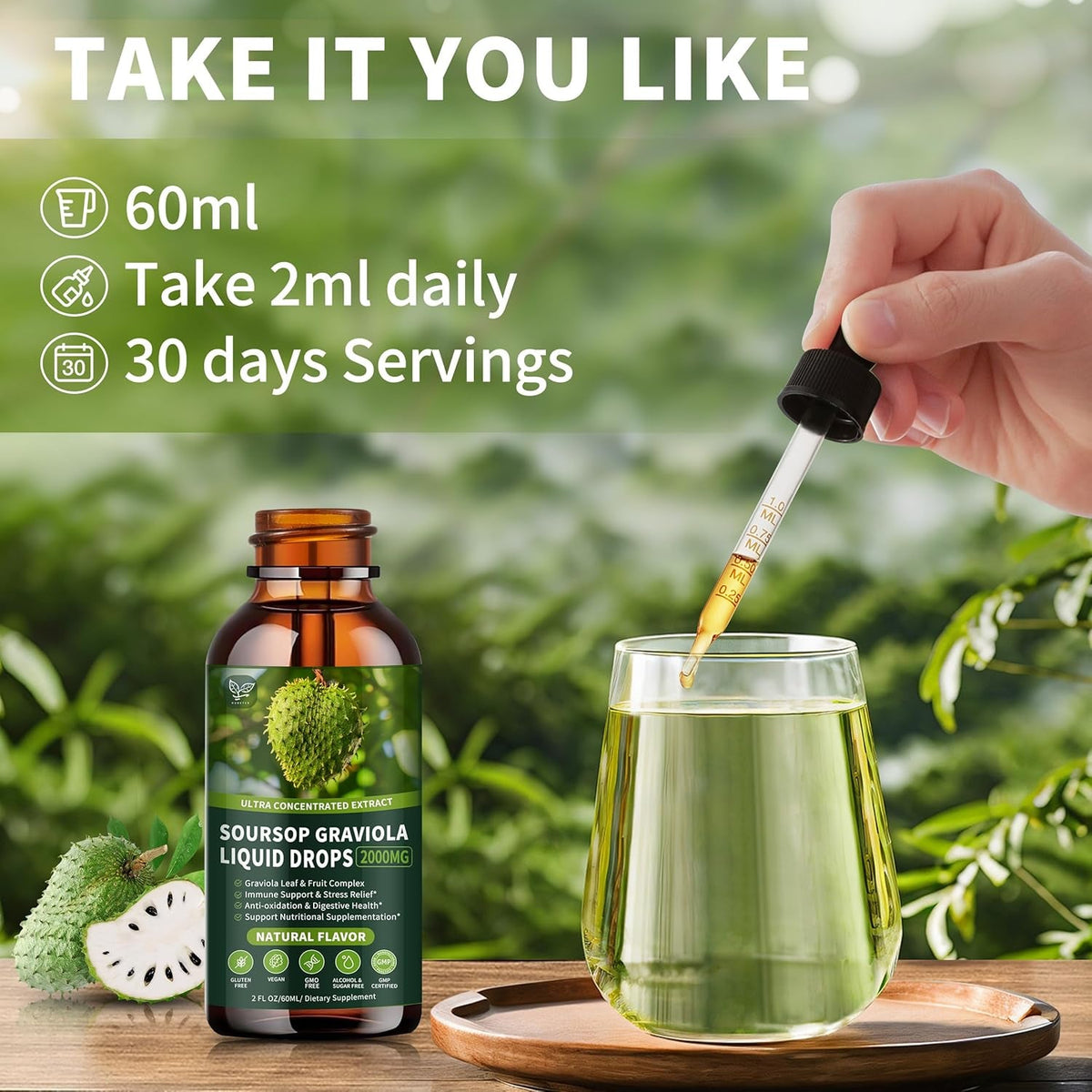 Soursop Graviola Liquid Drops 2000Mg, Organic Soursop Extract - 98% Absorption Soursop Bitters Liquid for Cell Support & Regeneration and Immune Boost, Sugar/Gluten Free, Natural Flavor, 2 Fl Oz