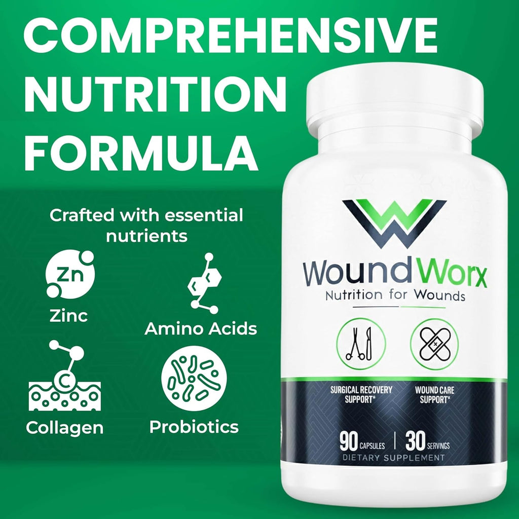 Free Life Labs Woundworx Nutrition-Scar and Surgery Support, Wound Care, General and Plastic Surgery, Faster Healing W/Vitamins, Amino Acids, Collagen, Probiotics, Turmeric, Bromelain-90 Caps
