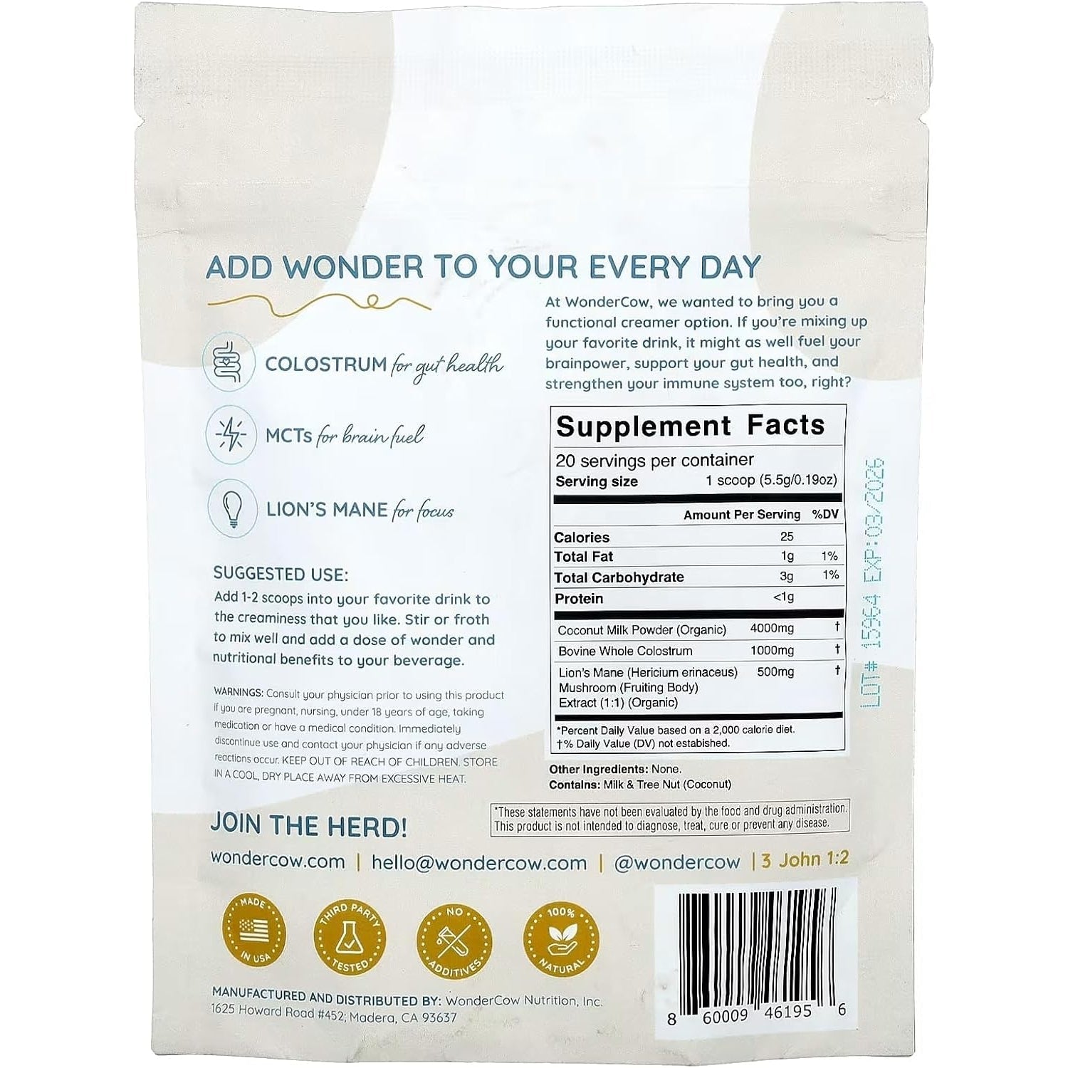 WONDERCOW Bovine Colostrum Superfood Creamer Supplement Powder W/Organic Lions Mane Mushroom & Coconut Milk Powder Mcts | Functional Sugar Free Keto Coffee, Smoothie & Drink Mix Unsweetened