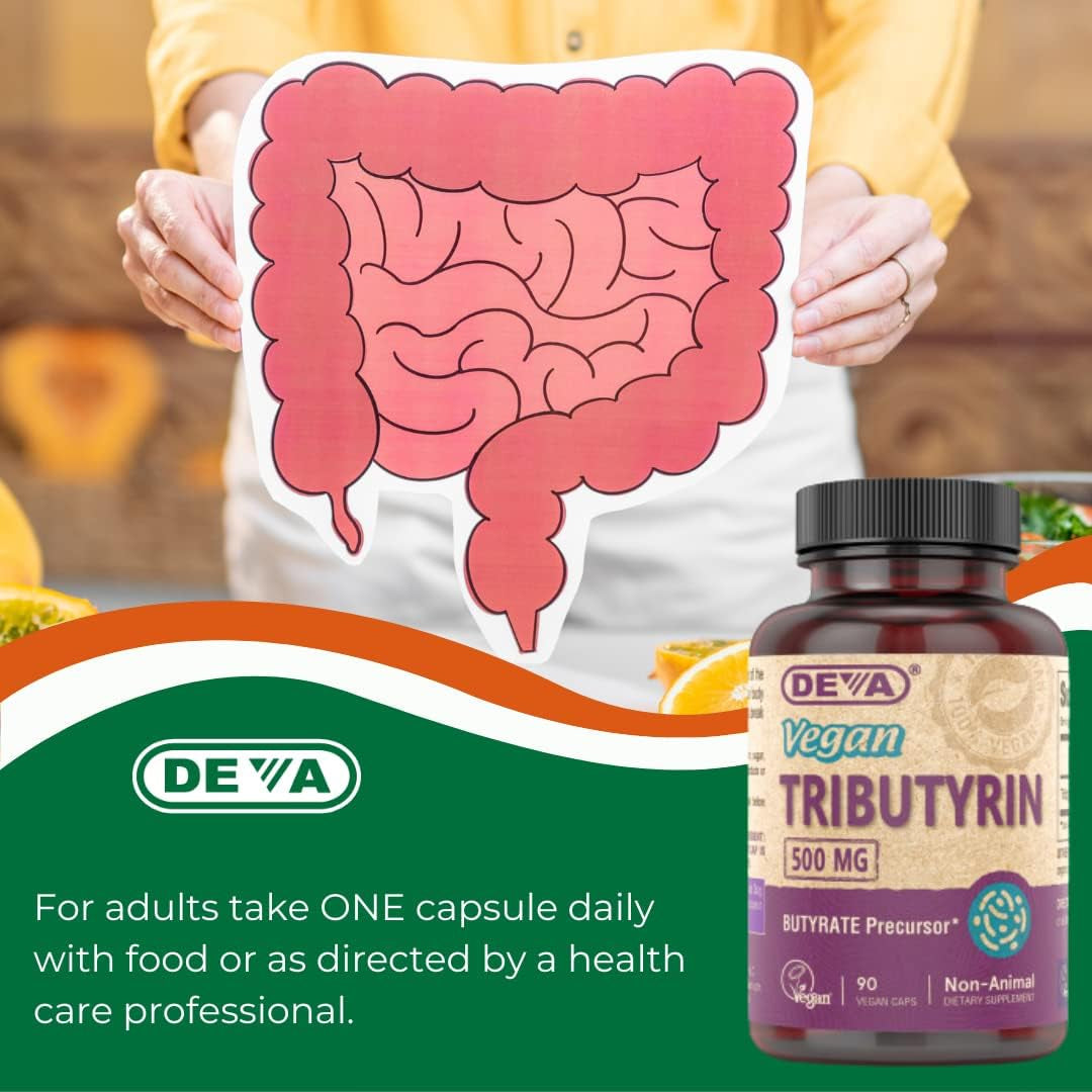 DEVA Vegan Tributyrin Supplement - Butyrate Precursor, Gut Barrier Support, Butyric Acid, 500 MG Vegan Capsules, Leaky Gut Support, Digestion, 90 Count