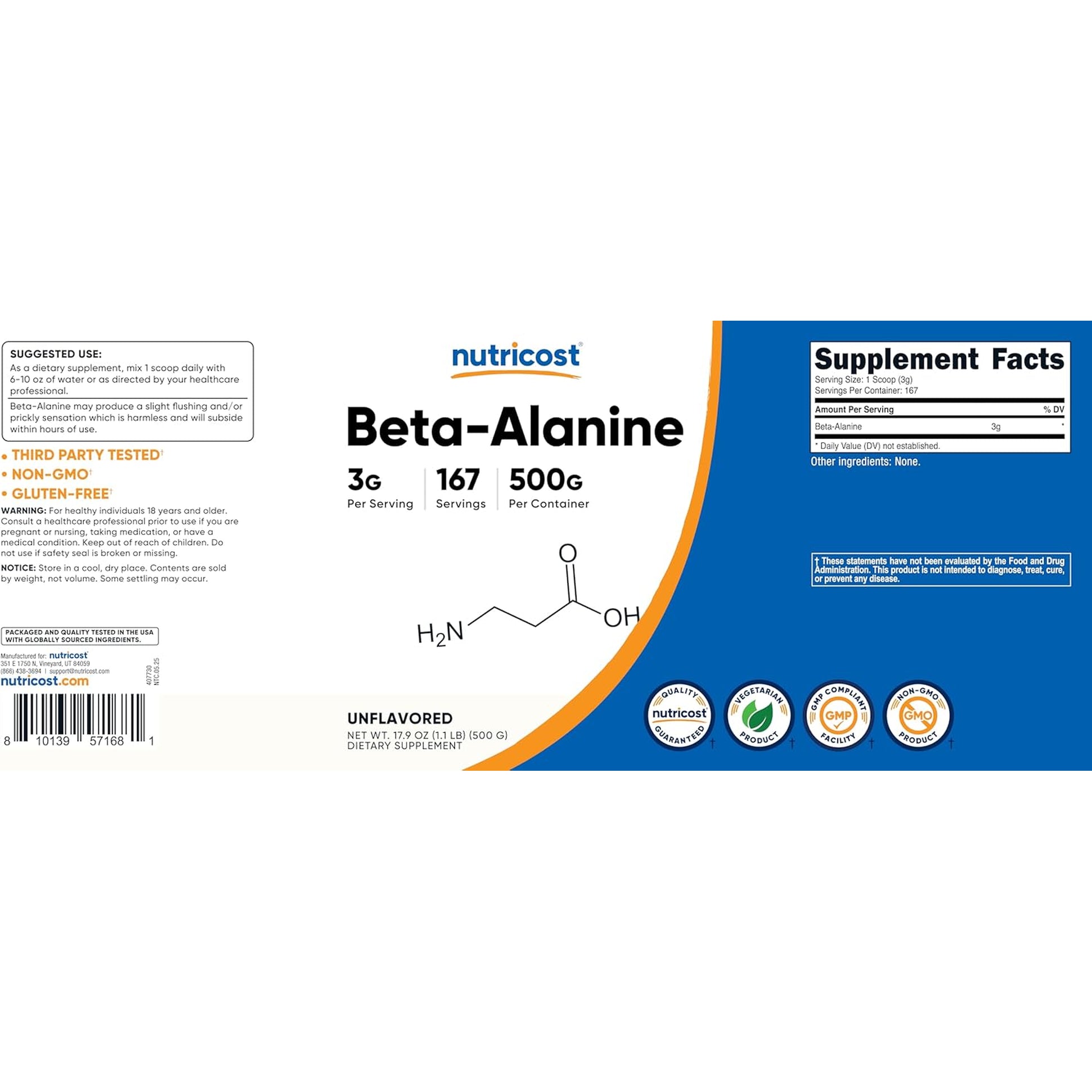 Nutricost Beta Alanine Powder 500 Grams (1.1Lbs) - Pure Beta Alanine, Gluten Free & Non-Gmo
