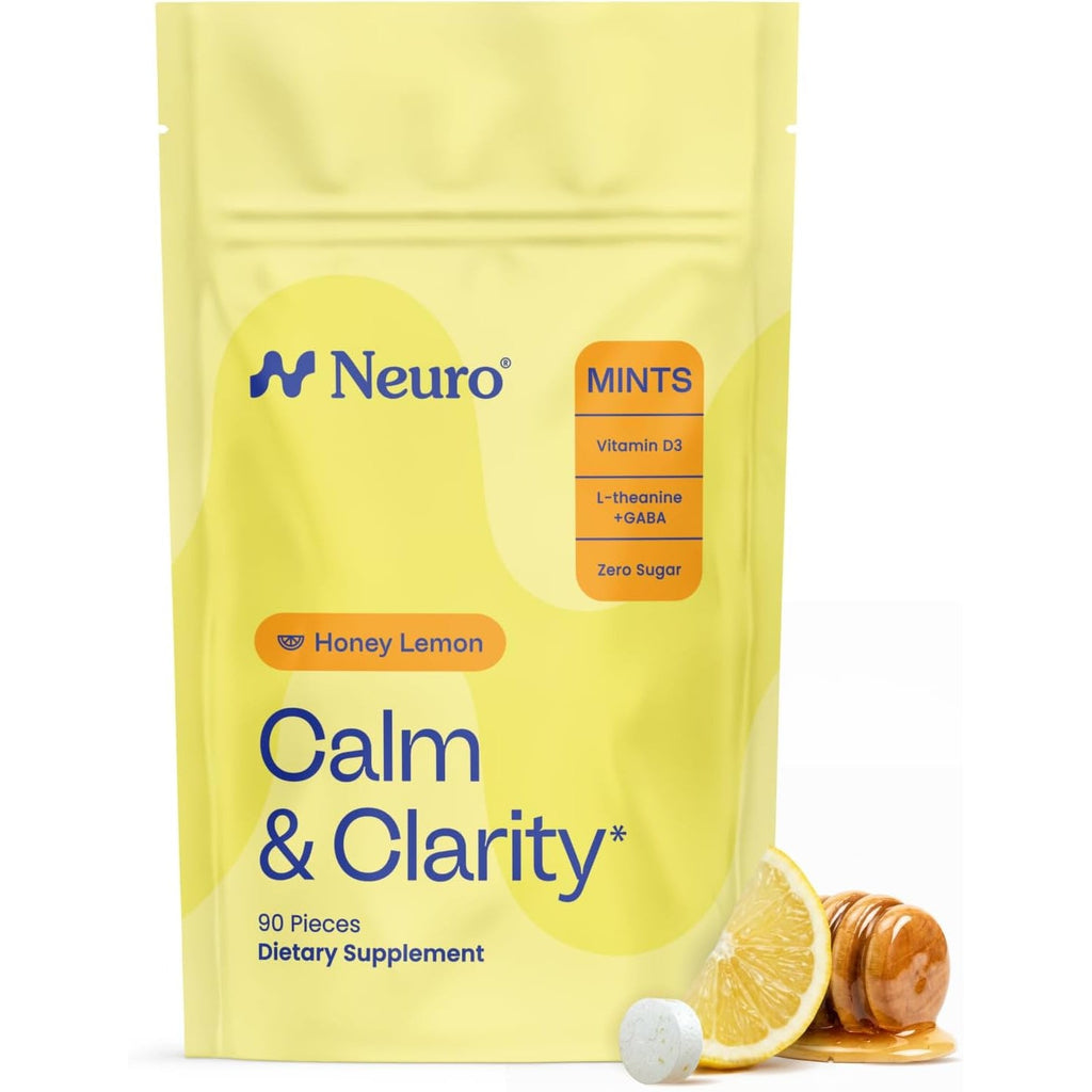 Neuro Calm & Clarity Mints - GABA L-Theanine Stress Supplement with Vitamin D3 - Non-Drowsy, Functional Calming Mints for Mood, Mental Clarity & Cognitive Function - Honey Lemon, 90 Ct