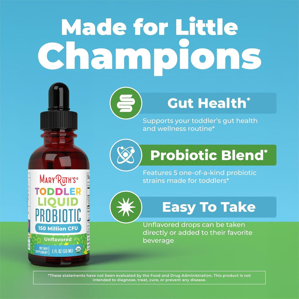 Maryruth'S Organic Toddler Probiotic Liquid Drops | Kids Probiotics for Ages 1-3 | 5 Probiotic Strains | 150 Million CFU per Serving | USDA Organic | Sugar Free | Vegan | Gluten Free | 1 Fl O