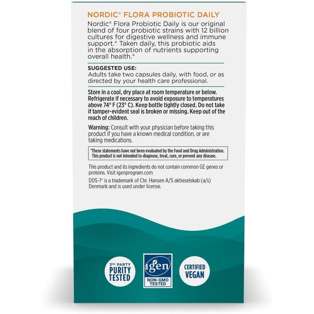 Nordic Naturals Nordic Flora Probiotic Daily - 60 Capsules - 4 Probiotic Strains with 12 Billion Cultures - Optimal Wellness, Immune Support, Digestive Health - Non-Gmo, Vegan - 30 Servings