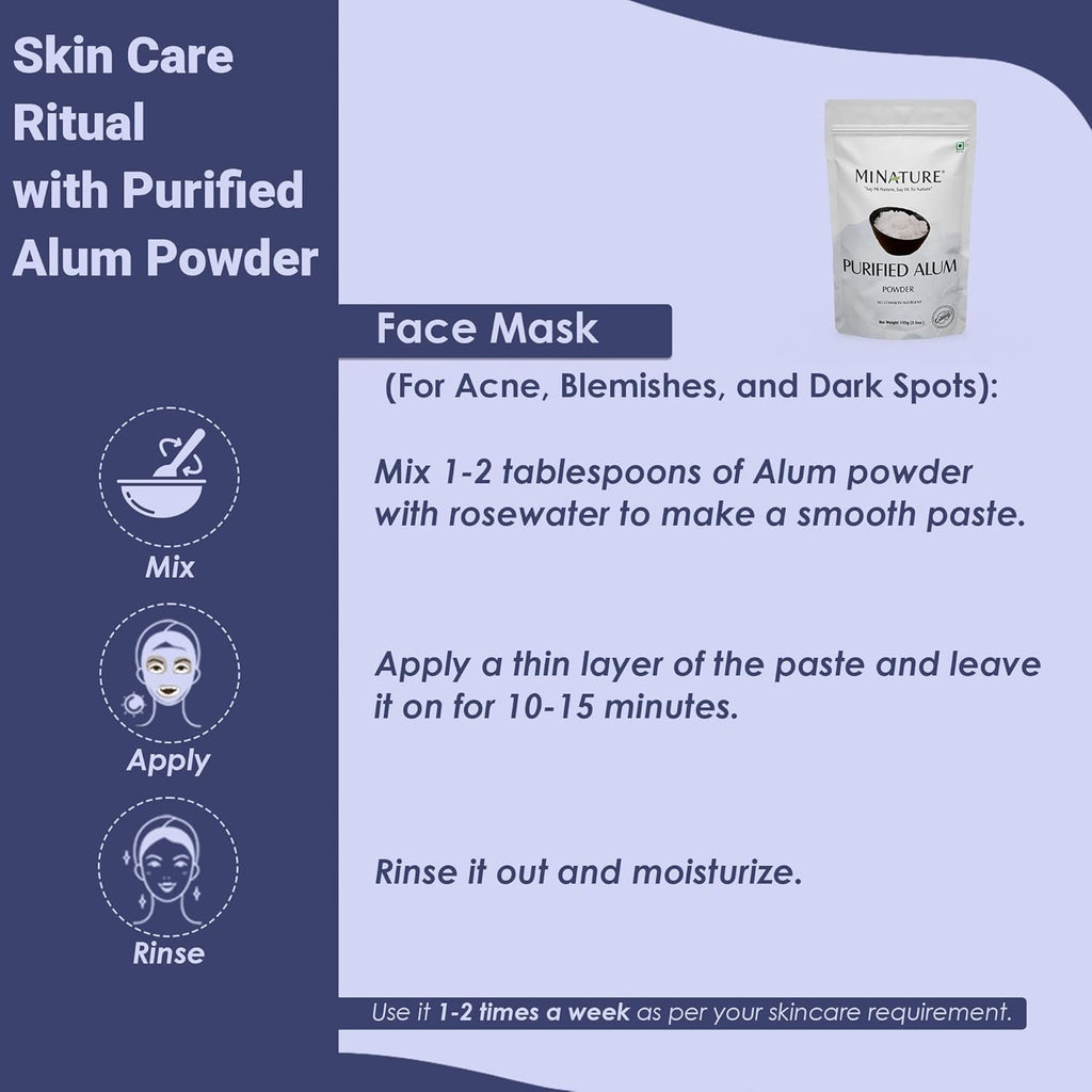 Mi Nature Alum Powder Potassium (Fitkari/Phitkari) -100% Natural Skincare for Acne, Odor Control & Water Purification Face Mask for |Pore Refining 100G |Face Pack Powder |Cruelty-Free