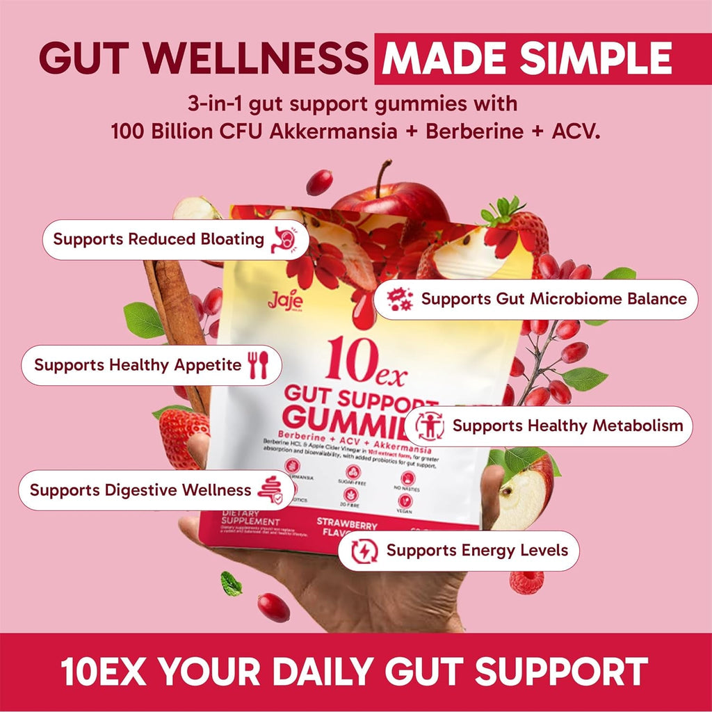 10Ex 3-In-1 Berberine Gummies, Gut Support Gummies. Gut Health, Digestion & Appetite Balance. 100 Billion CFU Akkermansia Probiotics, Apple Cider Vinegar Gummy. Sugar-Free, Vegan, Keto, Low-Carb 60Ct