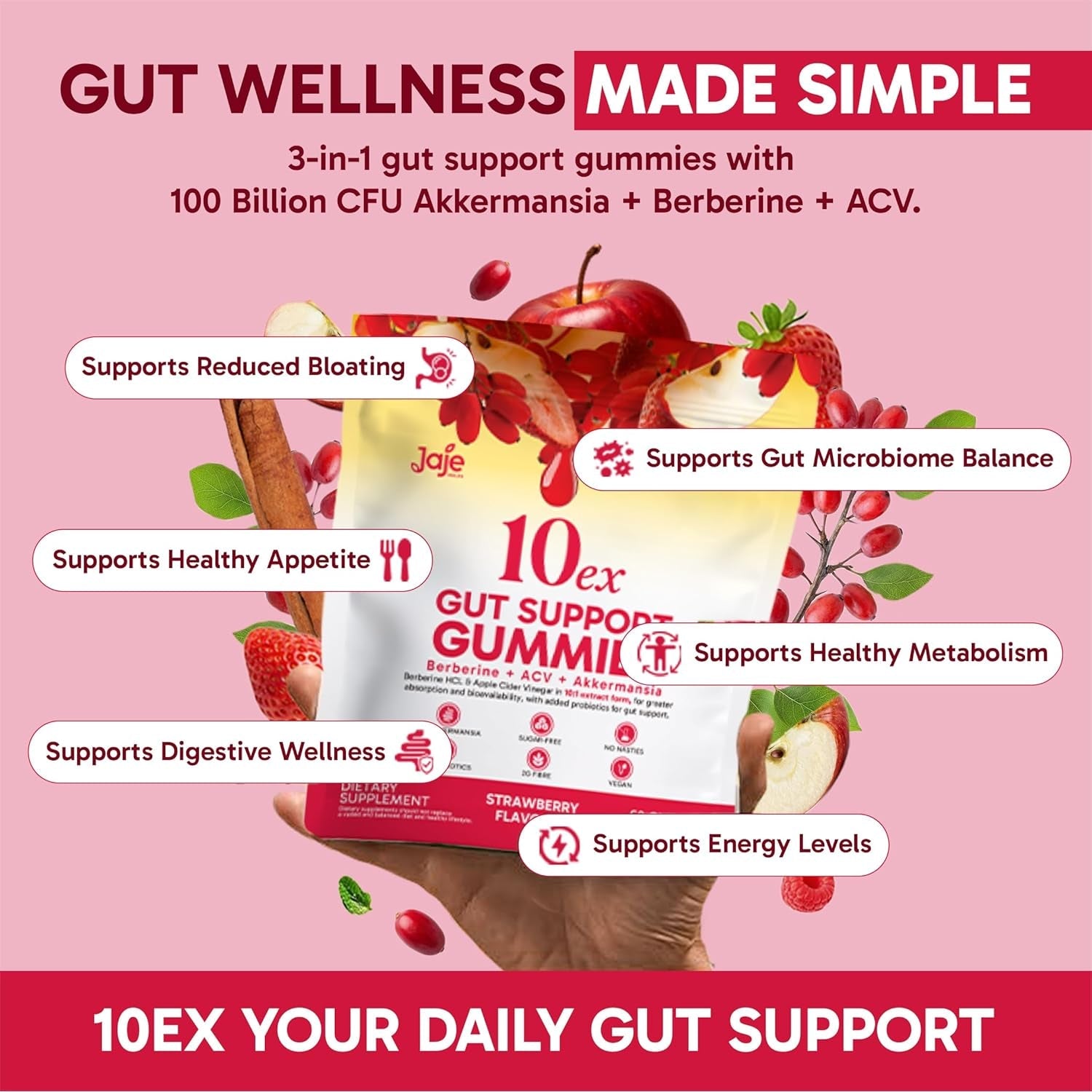 10Ex 3-In-1 Berberine Gummies, Gut Support Gummies. Gut Health, Digestion & Appetite Balance. 100 Billion CFU Akkermansia Probiotics, Apple Cider Vinegar Gummy. Sugar-Free, Vegan, Keto, Low-Carb 60Ct