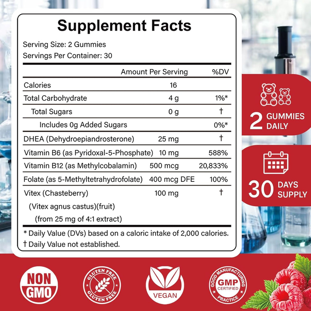 DHEA Supplement for Women, DHEA 25Mg Gummies with B6, B12, Folate and Chasteberry for Energy Support, Vegan, Raspberry Flavor, 60 Count