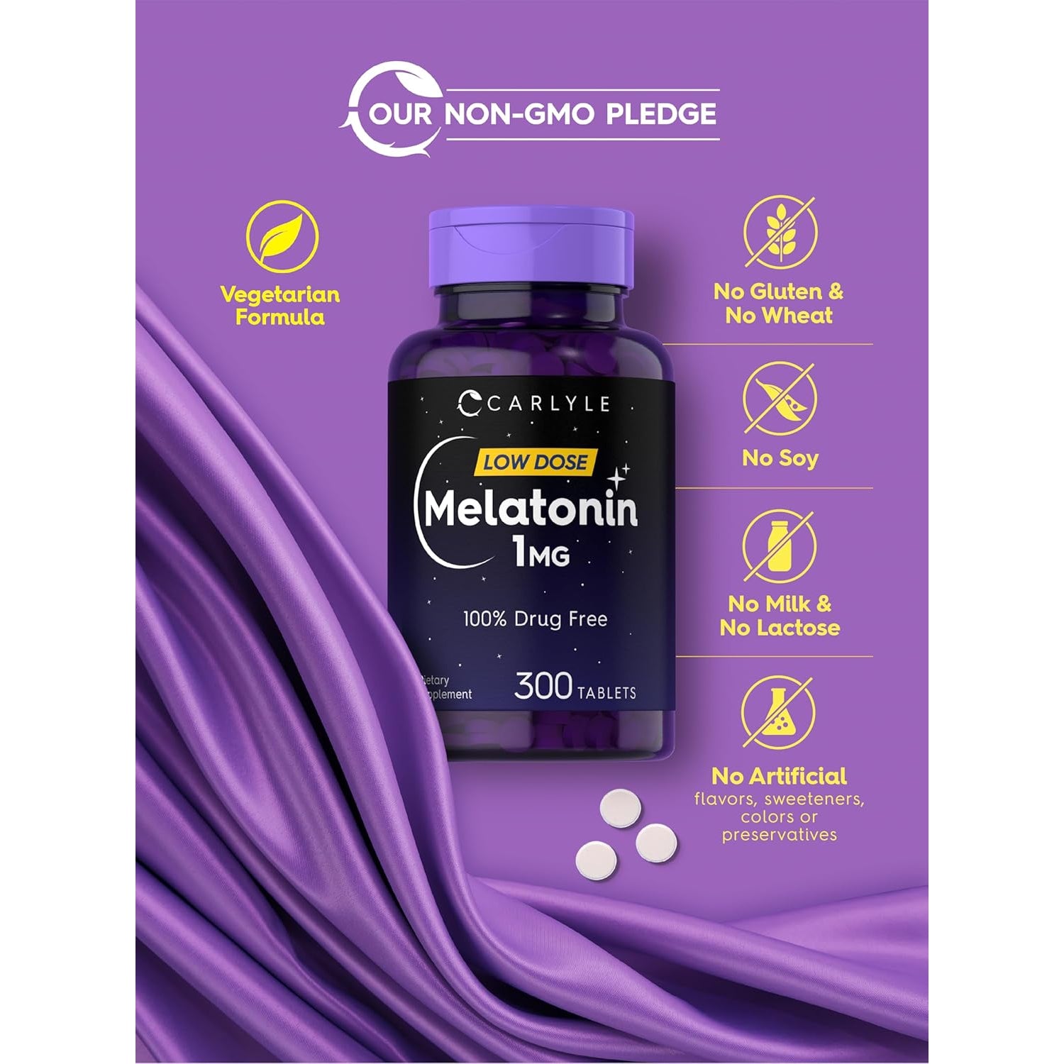 Carlyle Melatonin 1 Mg | 300 Low Dose Tablets | Drug Free Aid | Vegetarian, Non-Gmo, Gluten Free