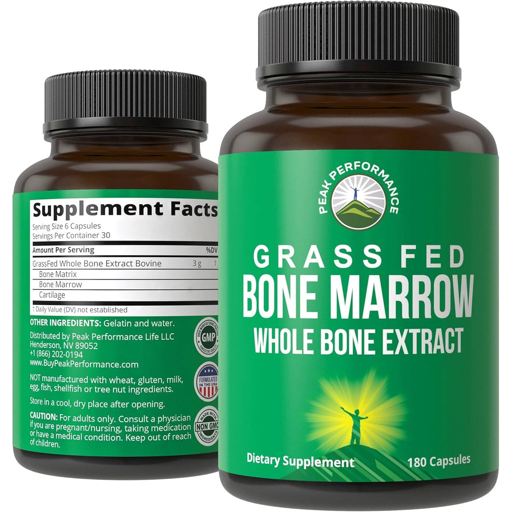 Peak Performance Grass Fed Bone Marrow - Whole Extract Supplement 180 Capsules - Superfood Pills Rich in Collagen, Vitamins, and Amino Acids - from Matrix Cartilage - Ancestral Tablets