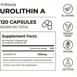 Urolithin a 1000Mg Supplement - 99.9% High Purity for Cellular Vitality, Longevity & Muscle Support - 120 Capsules, 60-Day Supply - Non-Gmo, Third Party Tested