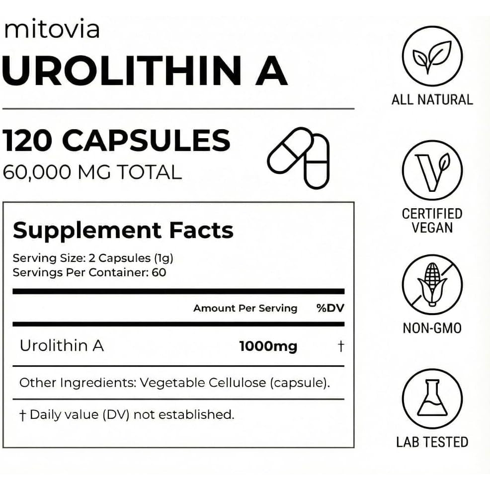 Urolithin a 1000Mg Supplement - 99.9% High Purity for Cellular Vitality, Longevity & Muscle Support - 120 Capsules, 60-Day Supply - Non-Gmo, Third Party Tested