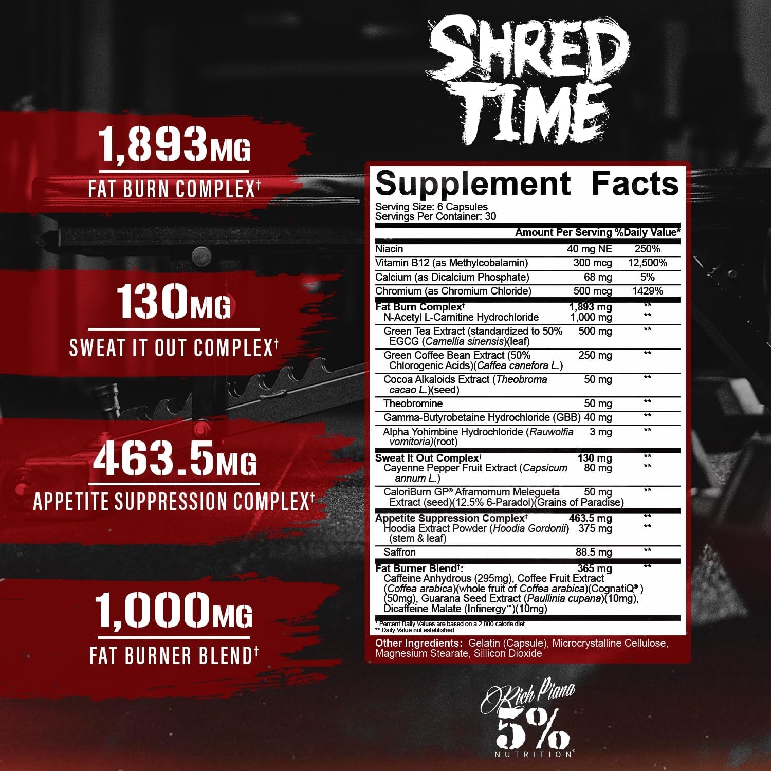 5% Nutrition Shred Time Fat Burner | Green Tea, Coffee Bean, Cayenne, Theobromine, GBB | Appetite Suppression | 30 Servings (180 Capsules)
