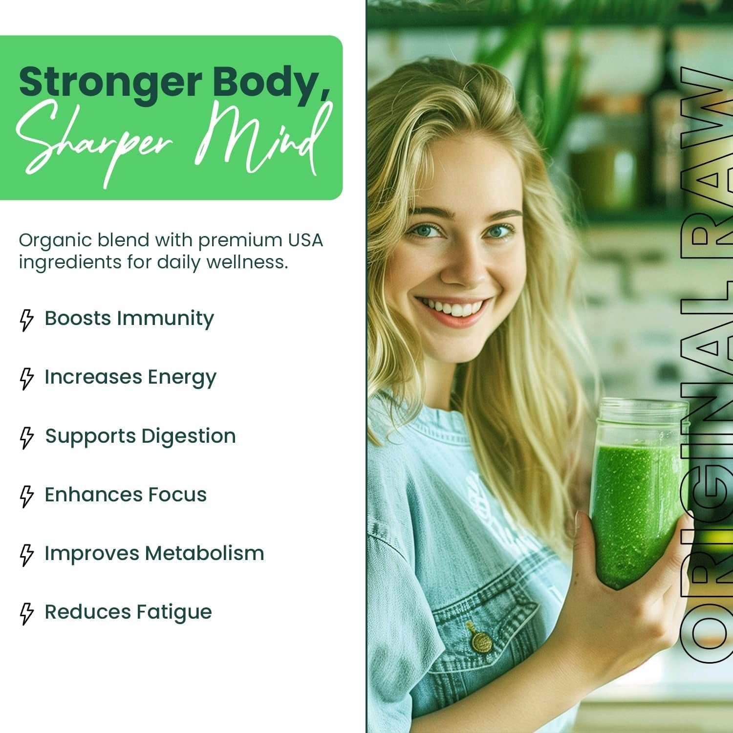 Greens+ Organic RAW Superfood Powder, Super Blend Immune Support, Morning Kick, Energy Boost, Nutrition Vibrant Health, Dietary Supplement, Vegan Soy/Dairy/Gluten Free(8.46Oz)