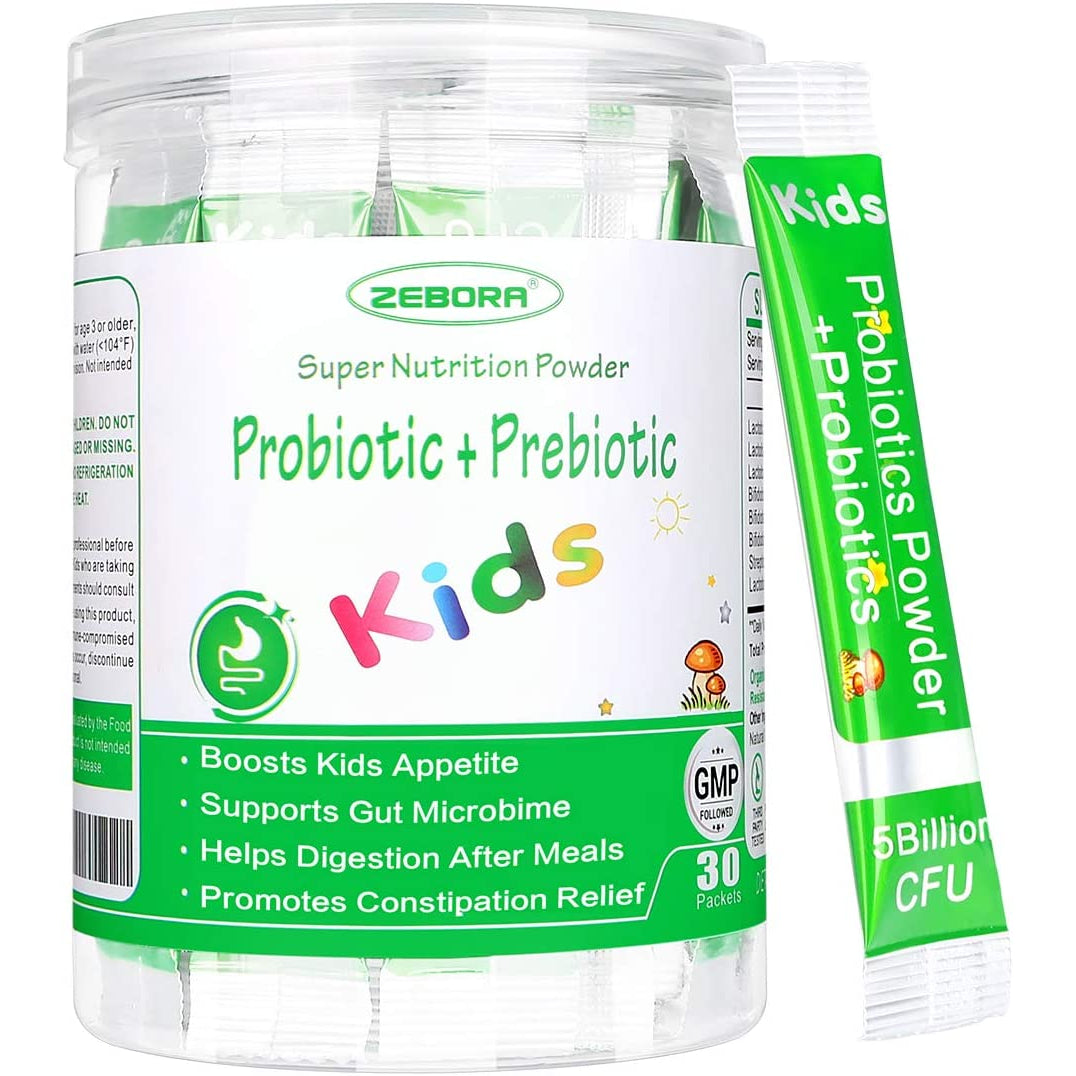ZEBORA Kids Probiotic & Prebiotics Powder Age 3+ Support Children'S Digestive & Immune System with Natural Source, Promotes Constipation Relief, Non-Gmo, Gluten-Free, 30 Packets with 5 Billion Cfus