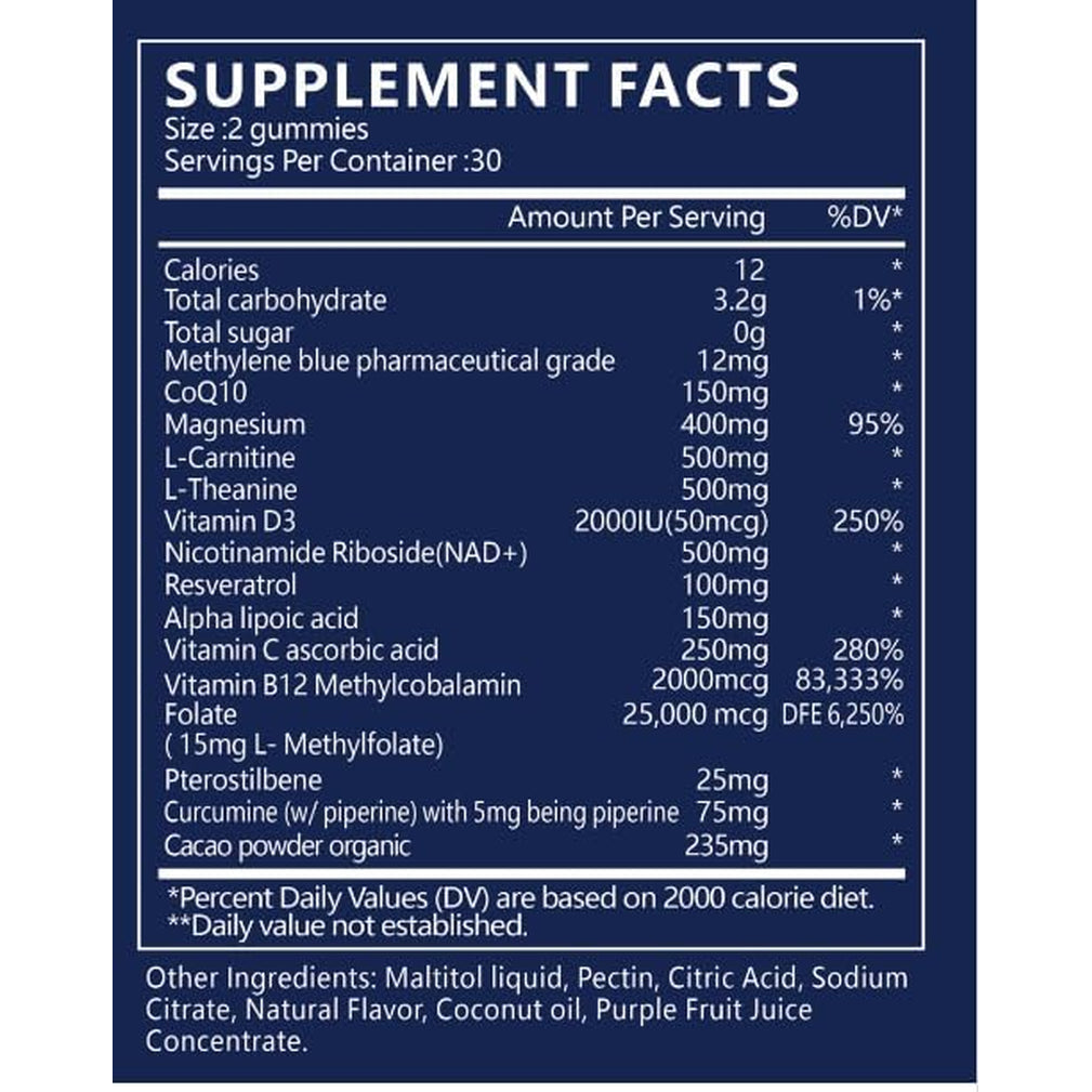 Methylene Blue Gummies 12Mg Cognitive Support W/Added Vitamin C, NAD,L Methylfolate, Methylcobalamin B12, Mitochondrial Support, Brain Health & Focus, Clarity, Methylated Vitamins
