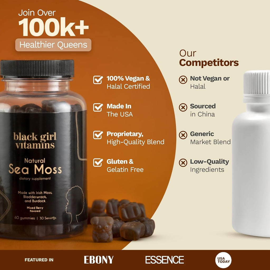 Black Girl Vitamins - Irish Sea Moss Gummies - Seamoss + Bladderwrack & Burdock - 92 Minerals for Thyroid, Metabolism, and Immunity - Vegan, Gluten-Free, Halal (Mixed Berry, 30 Day Supply)