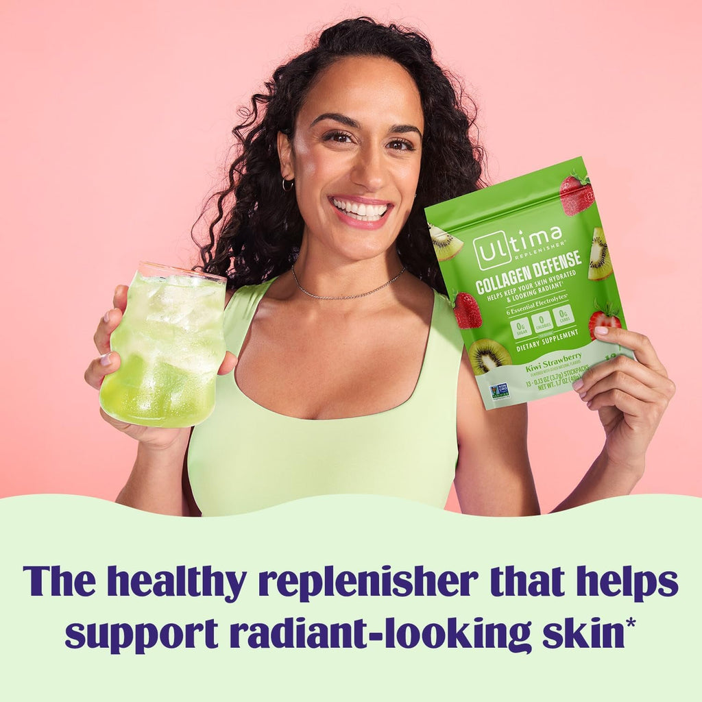 Ultima Replenisher Collagen Defense Supplement and Electrolytes Powder - Kiwi Strawberry, 13 Stickpacks - Hydration Packets with Dermaval and Biotin That Keep Your Skin Hydrated and Looking Radiant