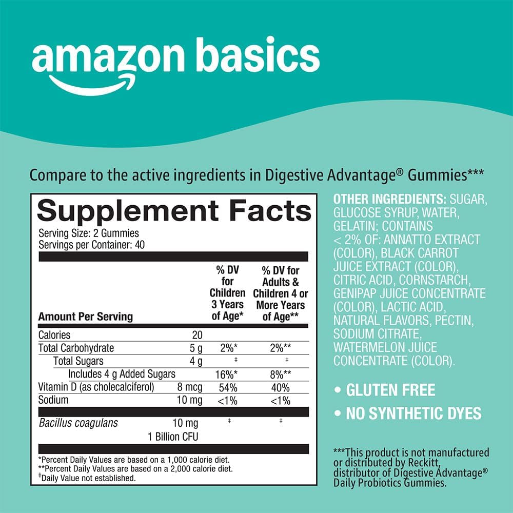 Amazon Basics Kids Kids Probiotic + Prebiotic Gummy, 60 Count