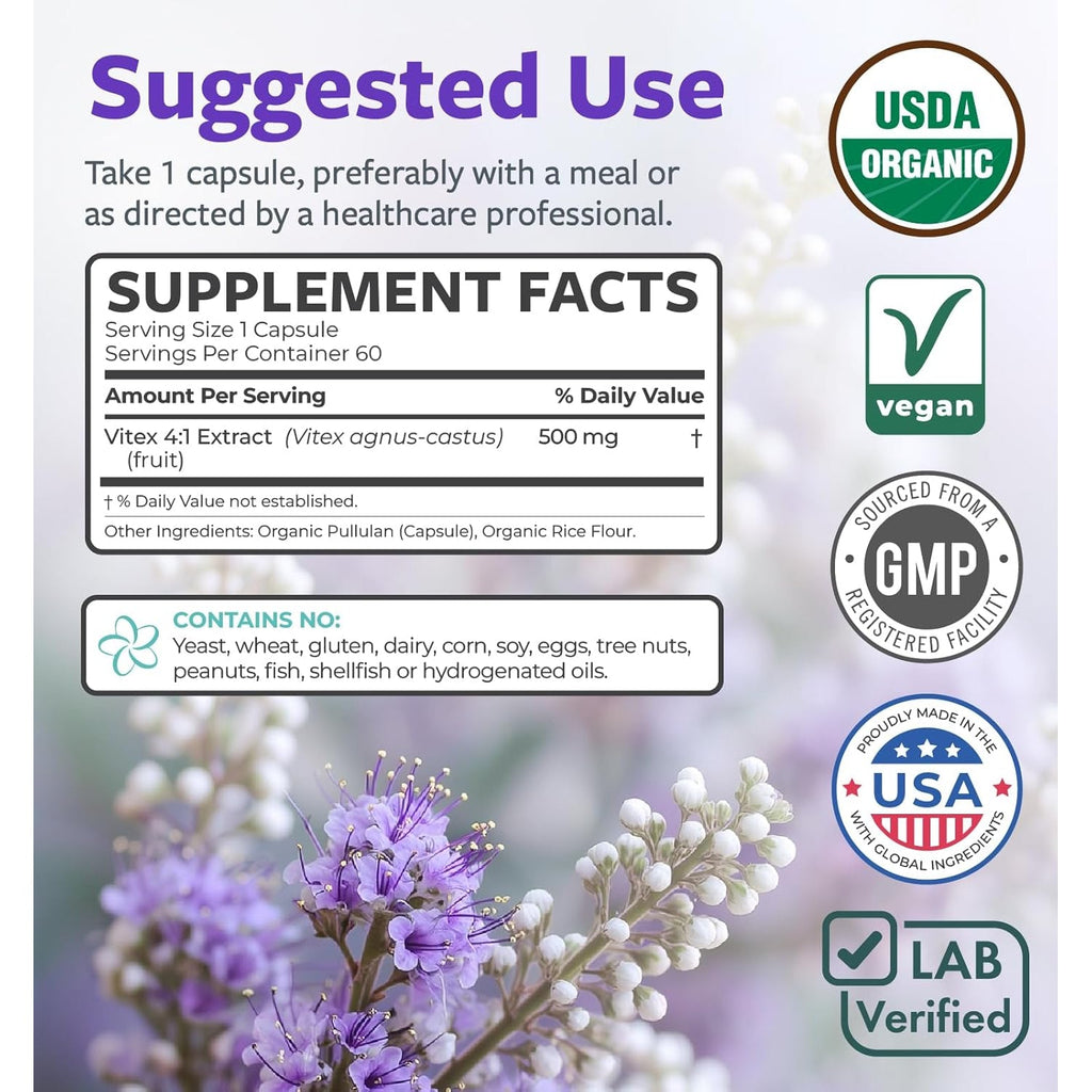 Organic Vitex Chasteberry Supplement for Women - High Strength Chaste Tree Berry Extract Supports Hormone Balance for Women from PMS to Menopause - Filler Free Vegan & Non-Gmo (2 Month Supply)