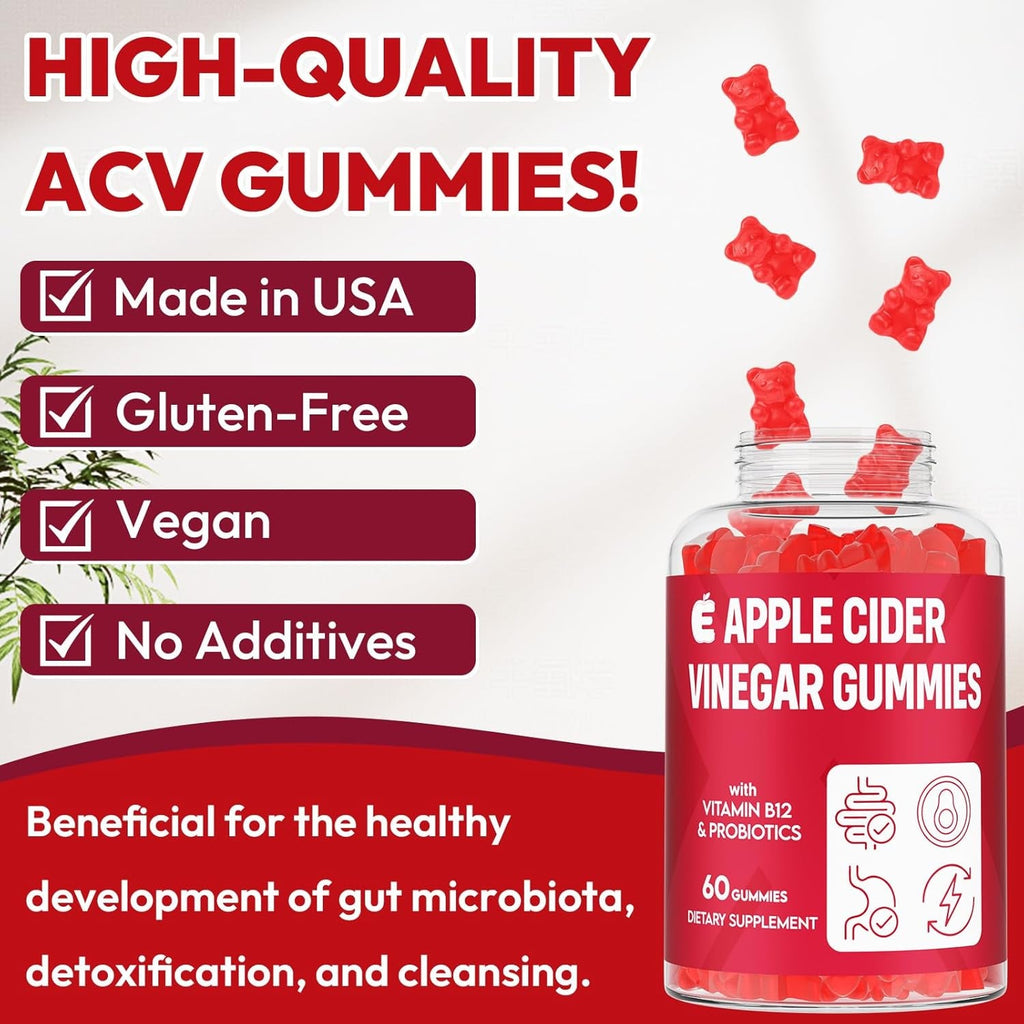 Apple Cider Vinegar Gummies 2000Mg, Keto ACV Gummies with Probiotics, Keto Support & B12, Apple Cider Vinegar with Mother for Digestion, Metabolism, Detox & Cleanse - Vegan, Low Sugar, 60 Counts