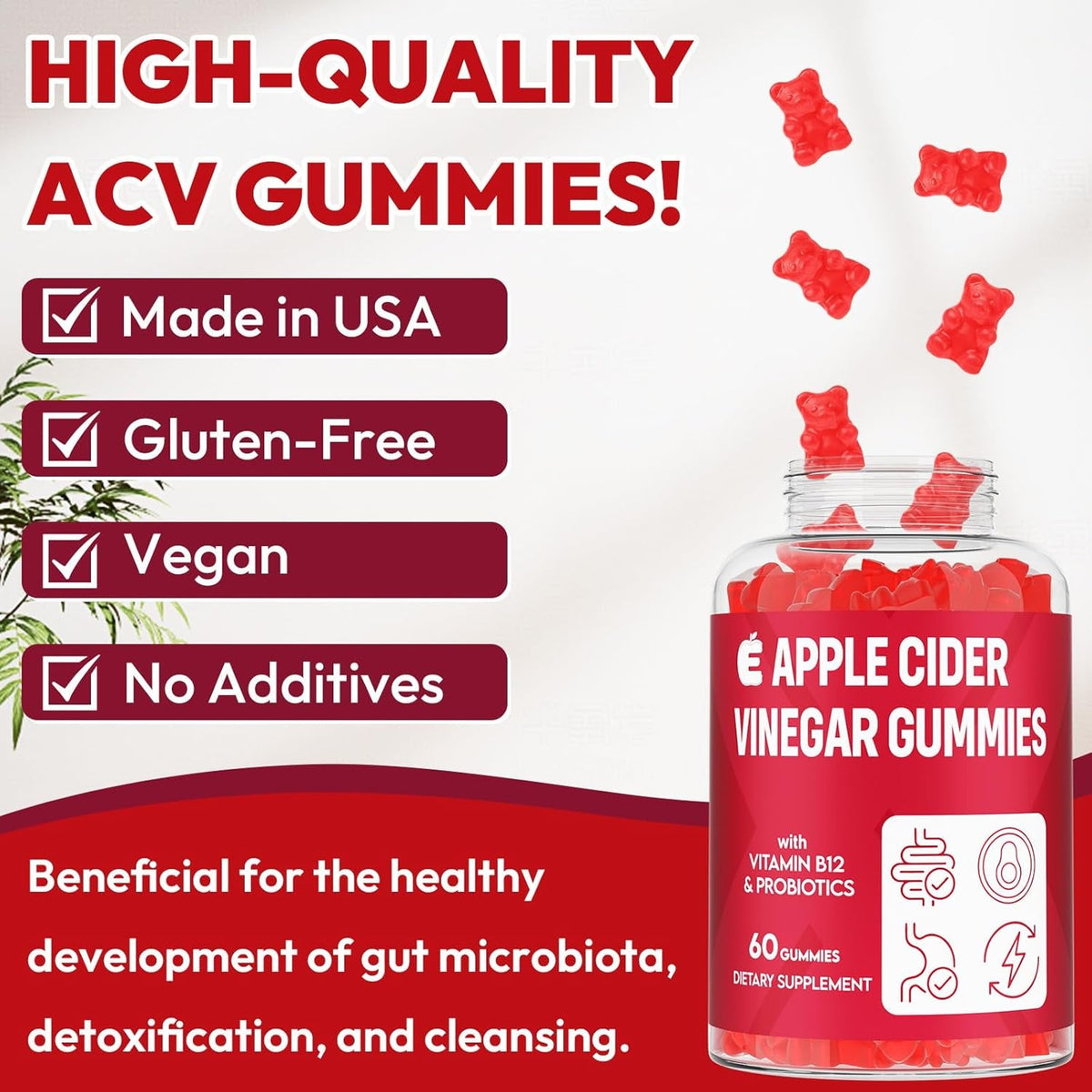 Apple Cider Vinegar Gummies 2000Mg, Keto ACV Gummies with Probiotics, Keto Support & B12, Apple Cider Vinegar with Mother for Digestion, Metabolism, Detox & Cleanse - Vegan, Low Sugar, 60 Counts