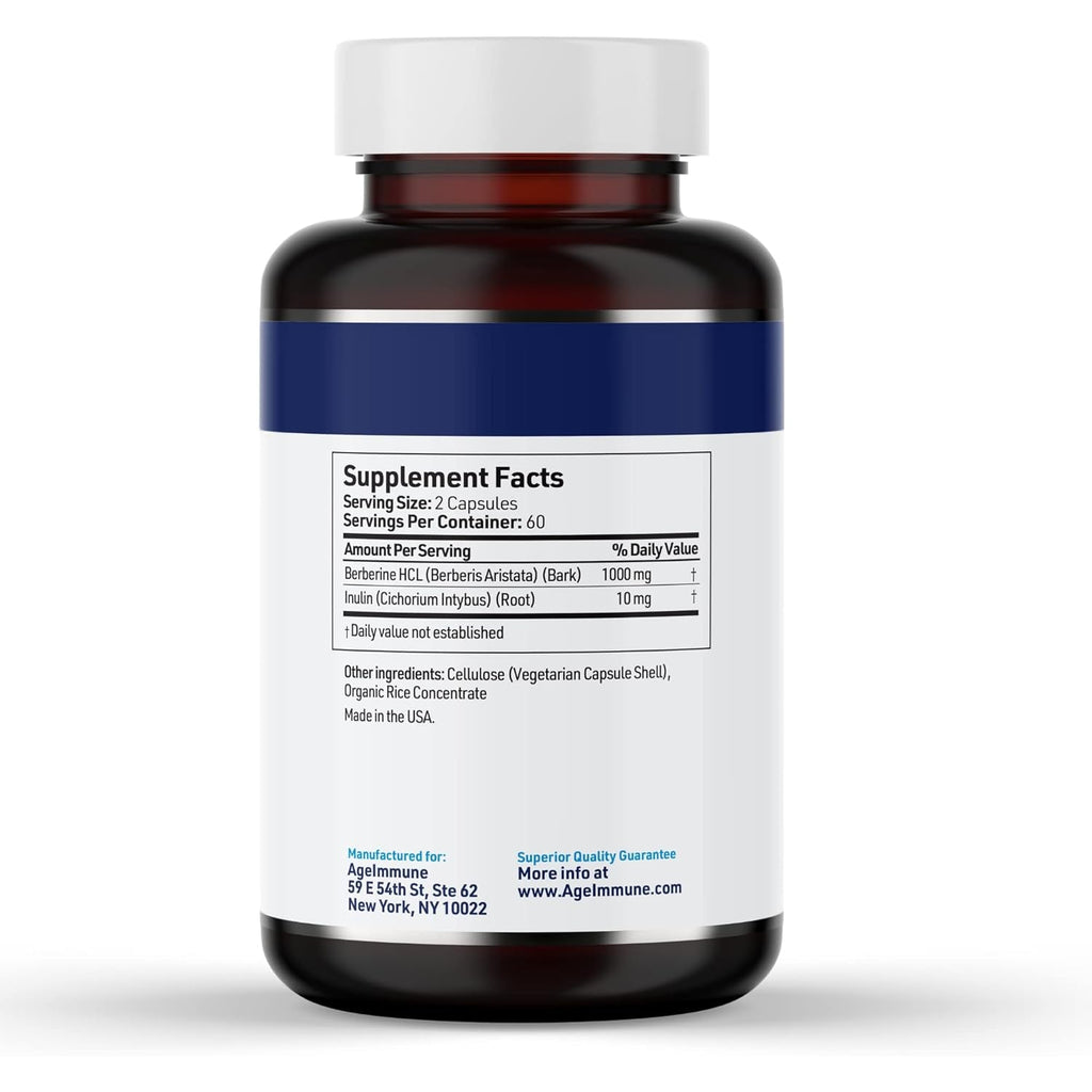 Ageimmune Berberine 1000Mg Supplement Complex with Inulin Prebiotic - Berberine HCL 500Mg per Capsule - Doctor Formulated and Third Party Tested Berberine Supplement