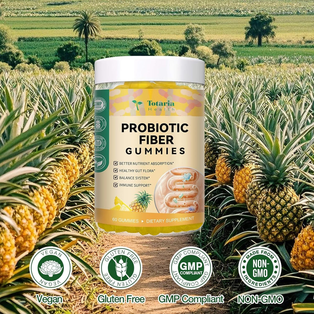 9-In-1 Probiotic Prebiotic Fiber Gummies for Adults & Teens, Fiber Supplement Pro with 5 Billion CFU Bacillus Coagulans, Psyllium Husk, FOS, Inulin, ACV for Digestion & Gut, 60 Vegan Pineapple Gummies