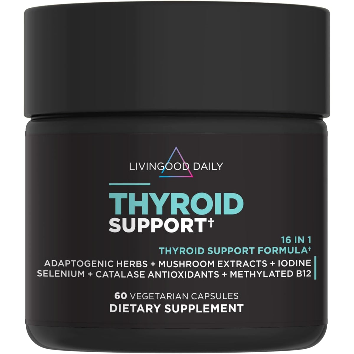 Livingood Daily Thyroid Support Supplement, 16-In-1 Wellness Blend with Adaptogenic Herbs, Iodine, Magnesium and Selenium, Thyroid Support for Women & Men, Vegetarian Capsules, Gluten Free, 60 Count
