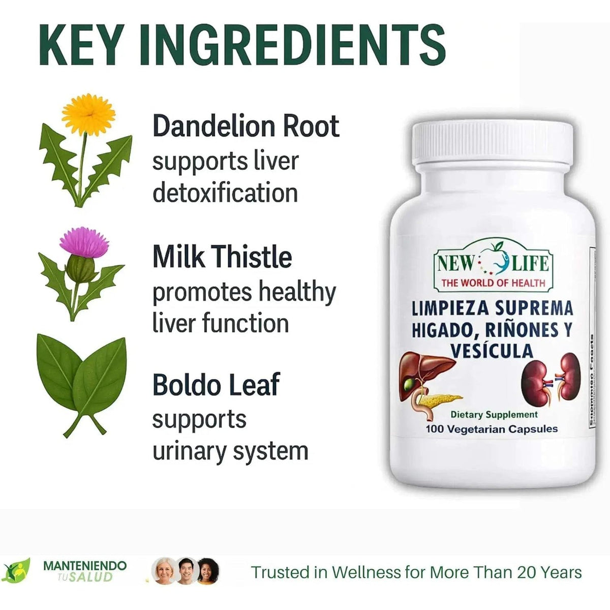 New Life Limpieza Suprema Hígado Riñones Y Vesicula, Healthy Liver Supplement, Dandelion Root, Milk Thistle Extract, 100 Capsules