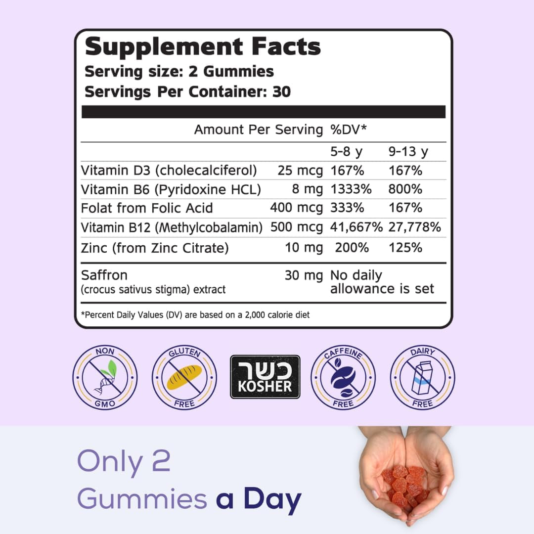 Nutrimagic Kids Brain Booster+ 30Mg Pure Saffron Extract Gummies & Multivitamin D3, B6, B12, Zinc, Supports Kids Brain Health, Focus, Memory, Attention, Mood Balance, Non-Gmo Supplement, 30X Servings