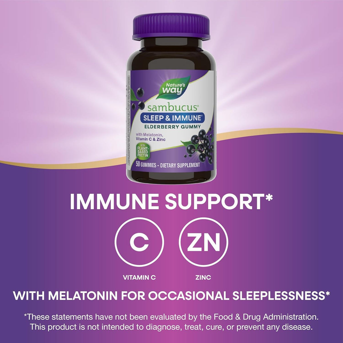 Nature'S Way Sambucus Sleep + Immune* Elderberry Gummies, Sleep Support for Adults and Immune Support*, with Melatonin, Vitamin C, L-Theanine, Zinc, 50 Gummies (Packaging May Vary)