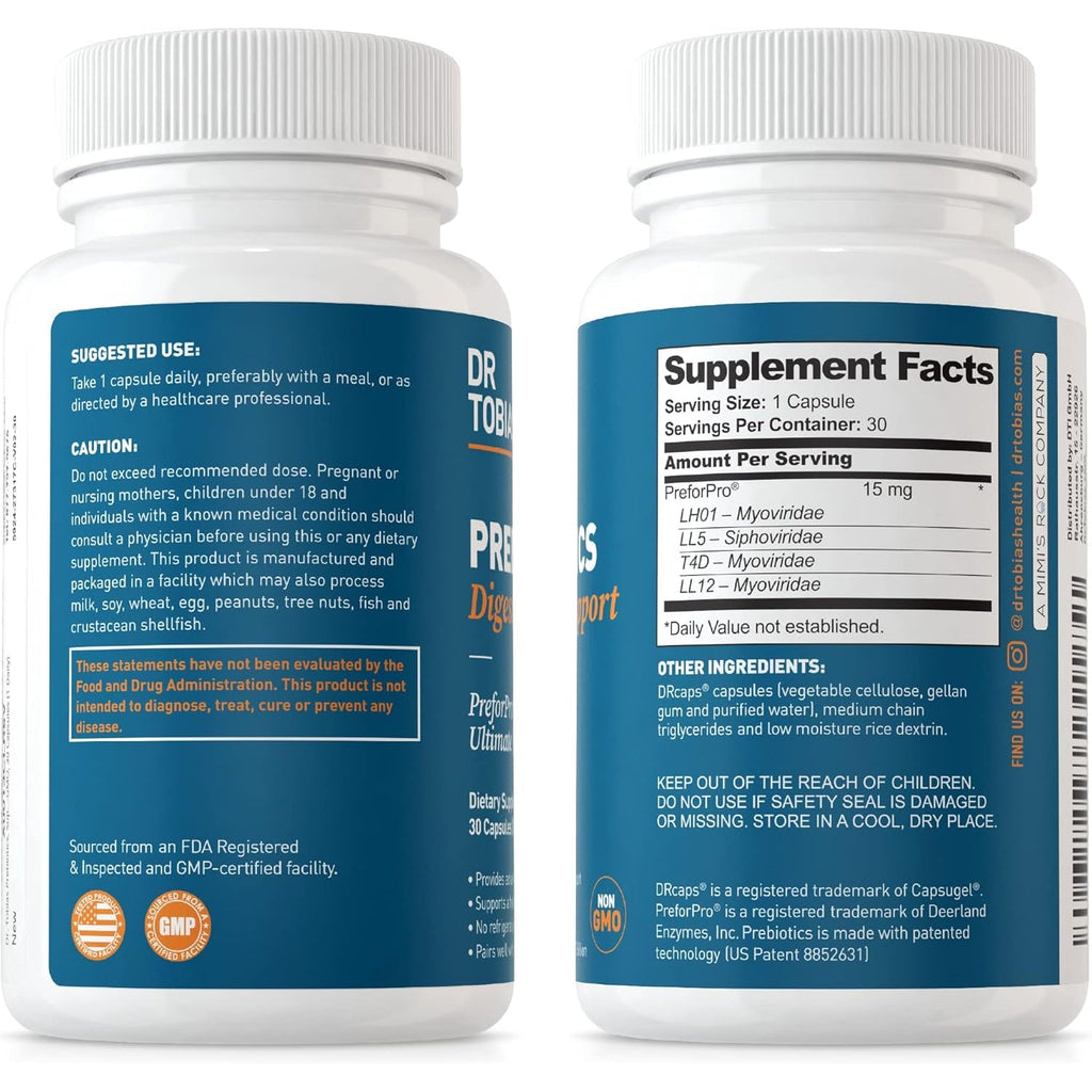 Dr. Tobias Prebiotics, Supports Digestion & Gut Health, Feed Good Probiotic Bacteria, Boost Gut Immune Function, Vegan & Non-Gmo Gut Health Supplements for Men and Women, 30 Capsules, 30 Servings