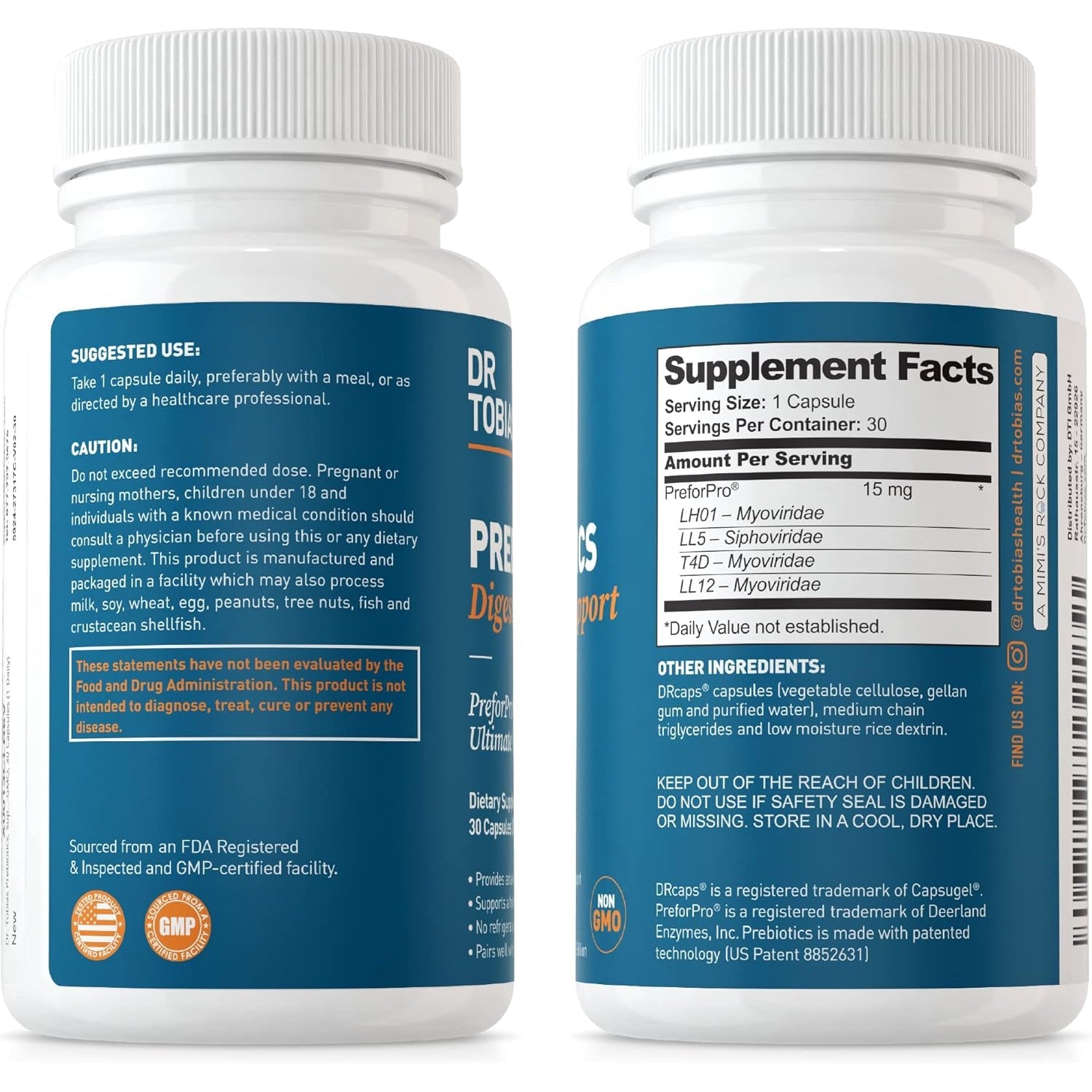 Dr. Tobias Prebiotics, Supports Digestion & Gut Health, Feed Good Probiotic Bacteria, Boost Gut Immune Function, Vegan & Non-Gmo Gut Health Supplements for Men and Women, 30 Capsules, 30 Servings