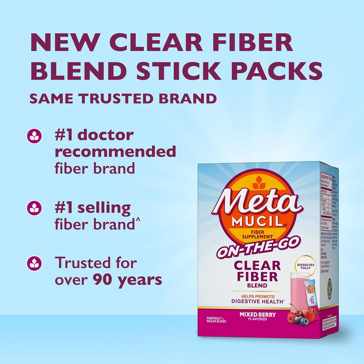 Metamucil Fiber Supplement, Clear Mixing Fiber Powder Stick Packs, Mixed Berry Flavor, on the Go, Plant Based Prebiotic Fiber Supplement Blend for Daily Digestive Health, 21 Stick Packs