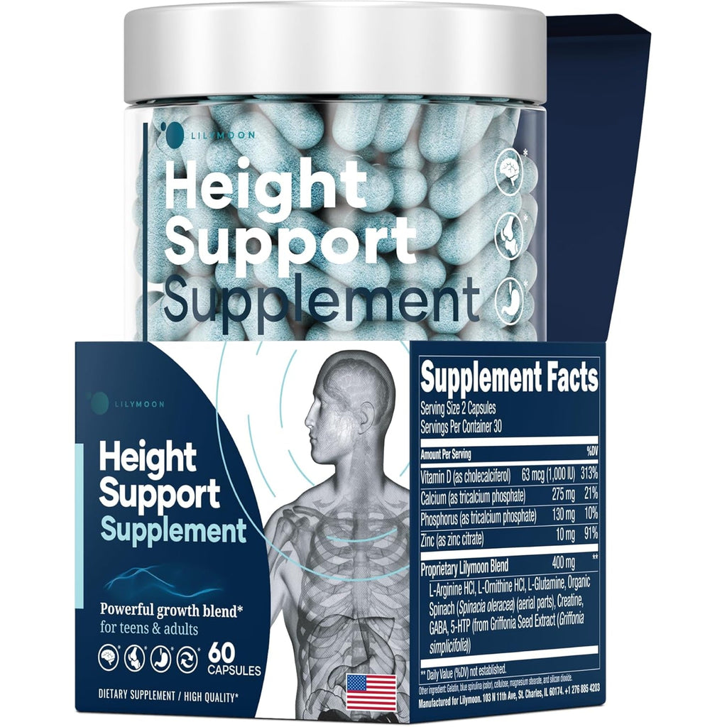 Height & Bone Support Supplement - Premium Height Growth Supplement for Kids & Teens with Calcium - Nutritional Support Bone Health Formula - Height Increase Essential Vitamins - 60 Caps