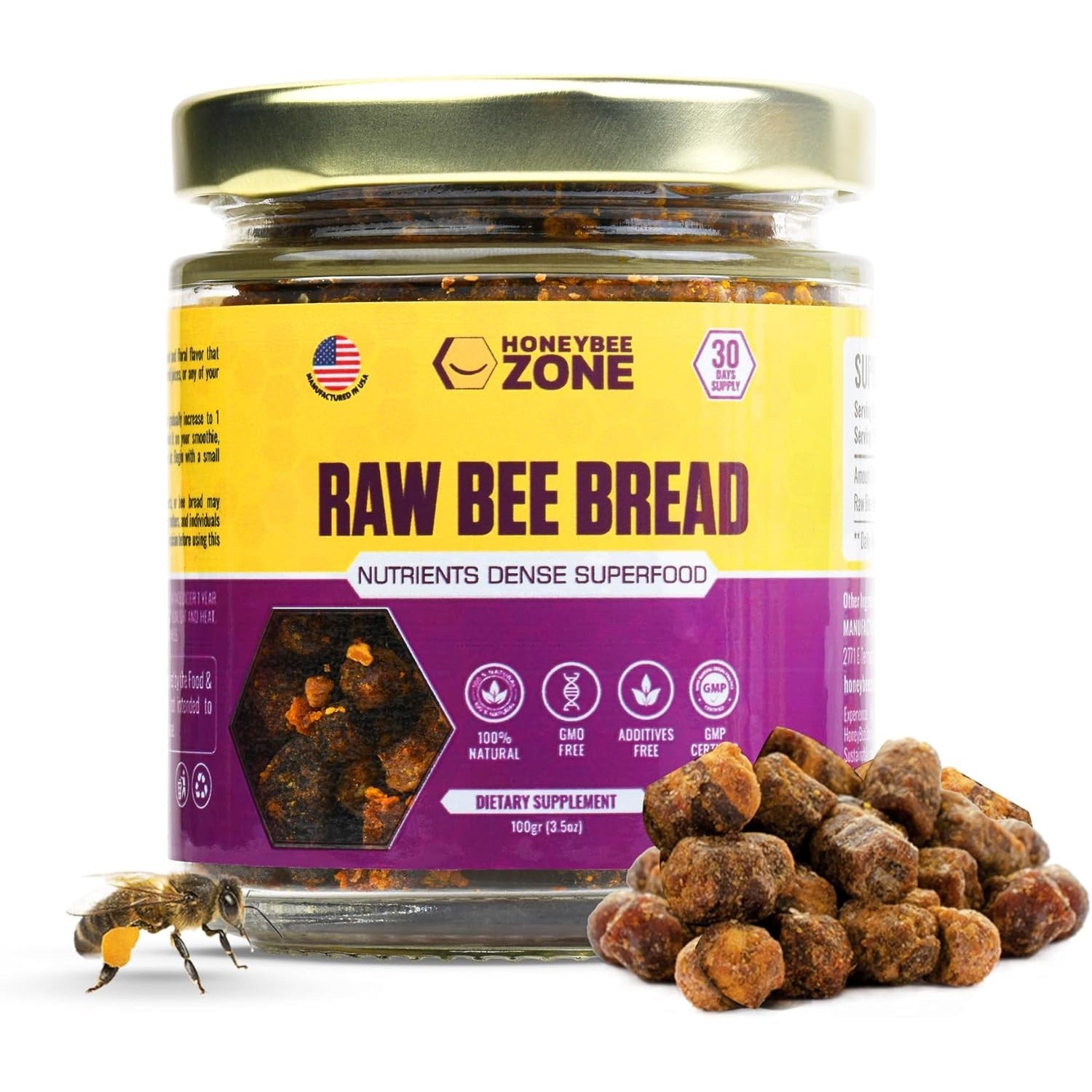 Honeybeezone-Raw Bee Bread-Perga, Fermented Bee Pollen Superfood, Single Ingredient Food, Nutrient-Dense, Naturally Fermented, Non-Gmo, Gluten-Free, 3.5 Oz