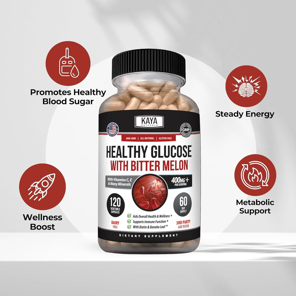 Kaya Naturals Healthy Gluco with Bittermelon Supplement | Support Healthy Levels and Function, 20 Herbs Vitamins and Minerals, Alpha Lipoic Acide, Cinnamon, Vitamin C & E, Non-Gmo (120 Count)