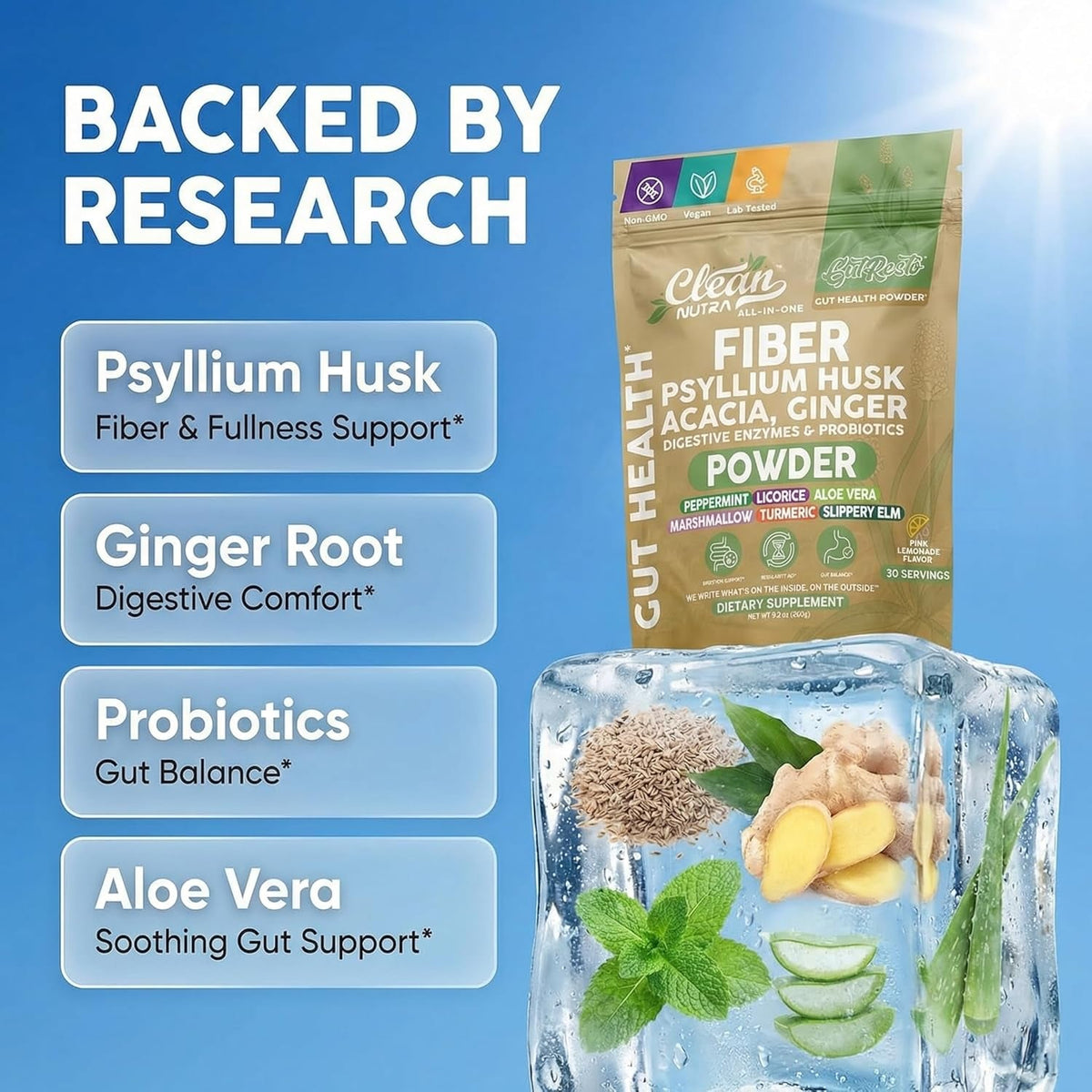 Gutresto Fiber Supplement Psyllium Husk Powder Probiotic Gut Health Digestive Enzymes Prebiotic L-Glutamine Slippery Elm Aloe Vera Marshmallow Root Turmeric Ginger Peppermint by Clean Nutra 30 Svgs