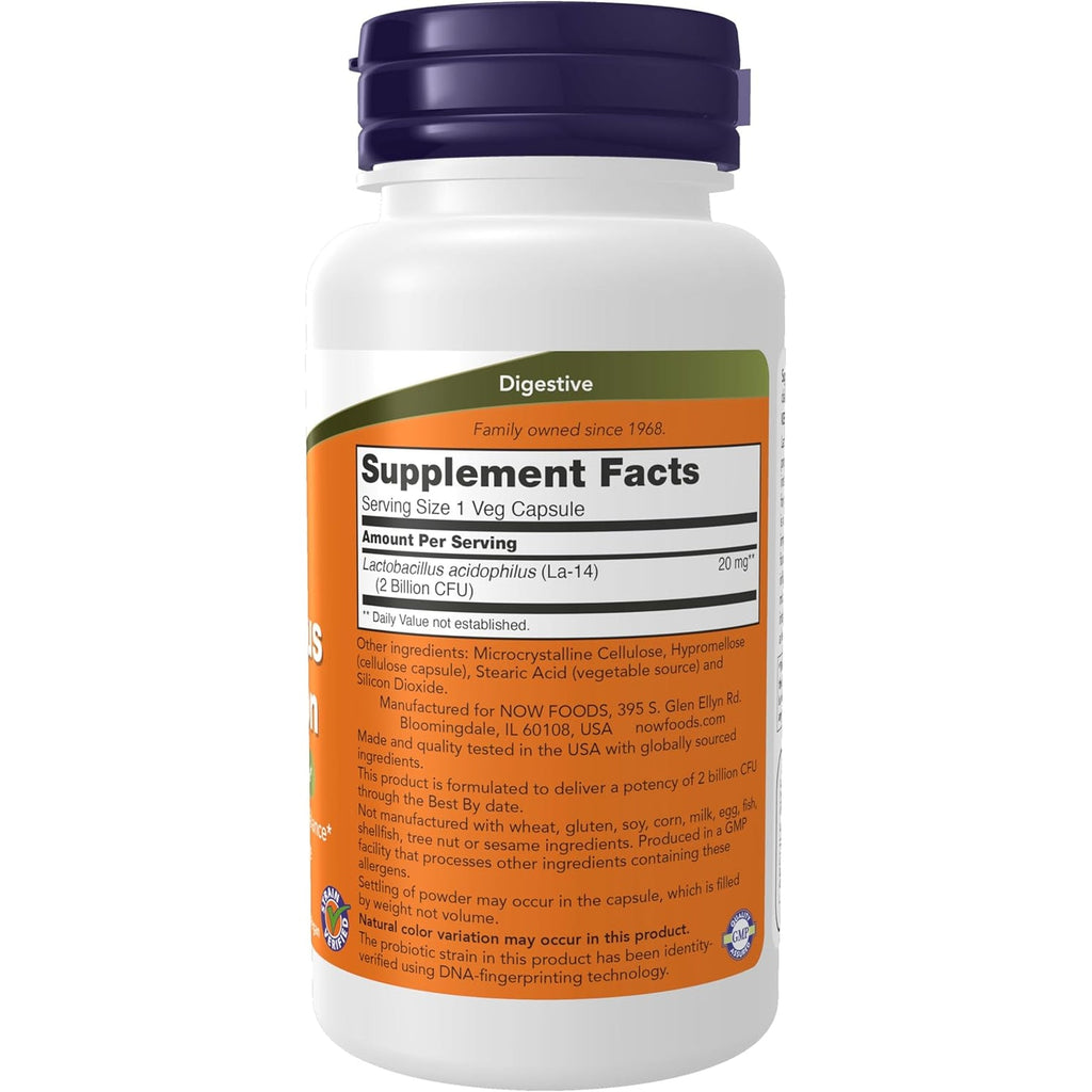 NOW Foods Supplements, Acidophilus, Two Billion, Strain Verified, Healthy Intestinal Flora*, 100 Veg Capsules