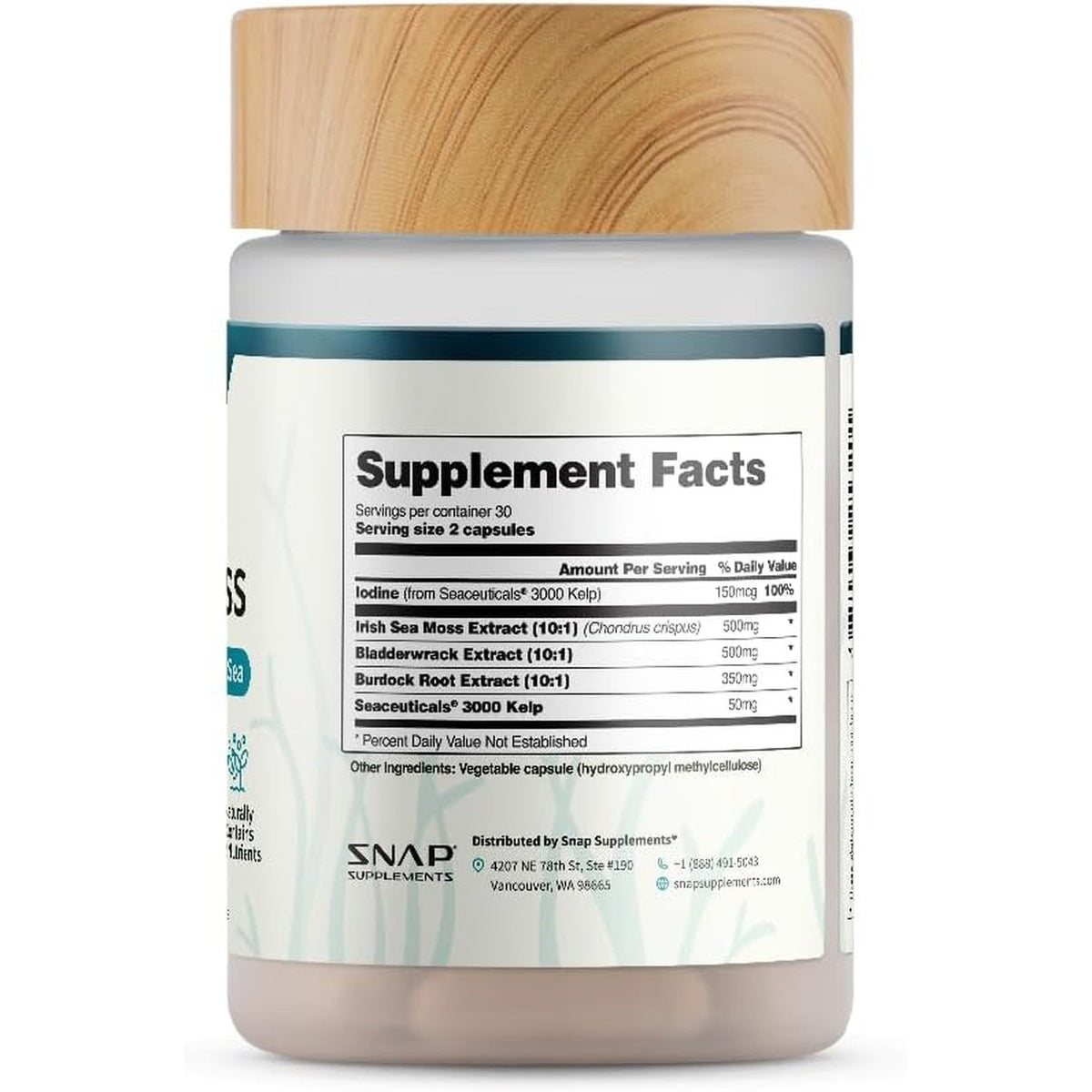 Snap Supplements Irish Sea Moss with Bladderwrack, Burdock Root & Iodine – Natural Sea Moss Supplement to Support Gut Health, Energy & Healthy-Looking Skin, 60 Vegan Capsules (1 Month Supply)